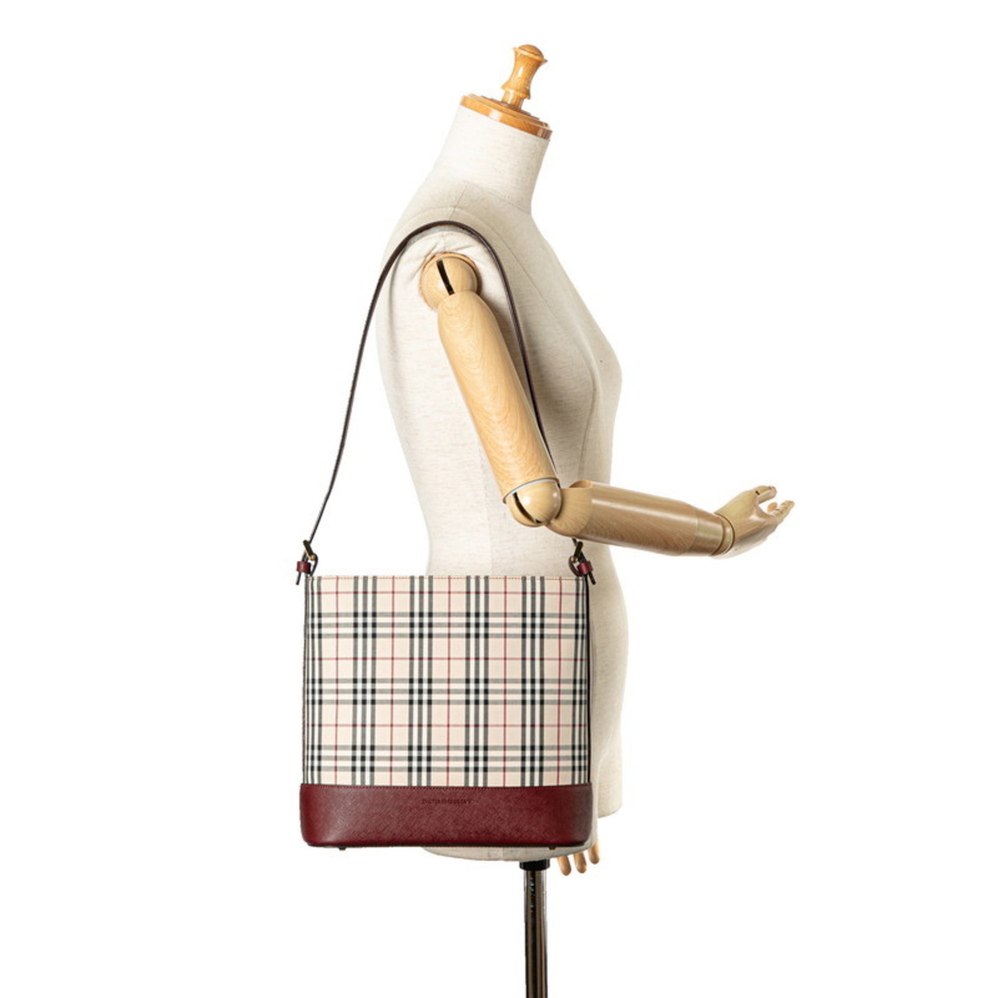 Burberry Nova Check Bag Handbag Beige Wine Red Canvas Leather Women's BURBERRY