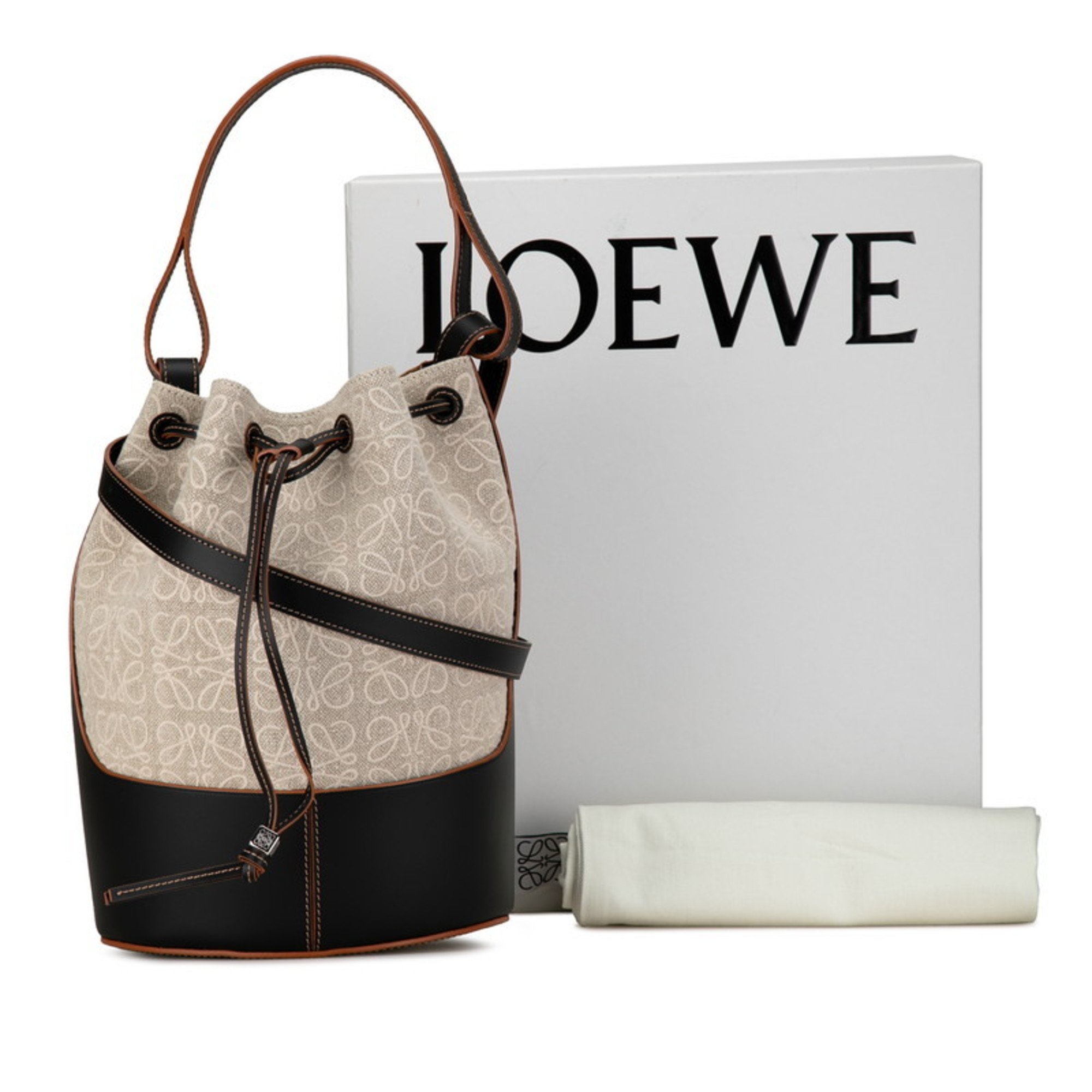 LOEWE Anagram Balloon Shoulder Bag 522024 Black Beige Canvas Leather Women's