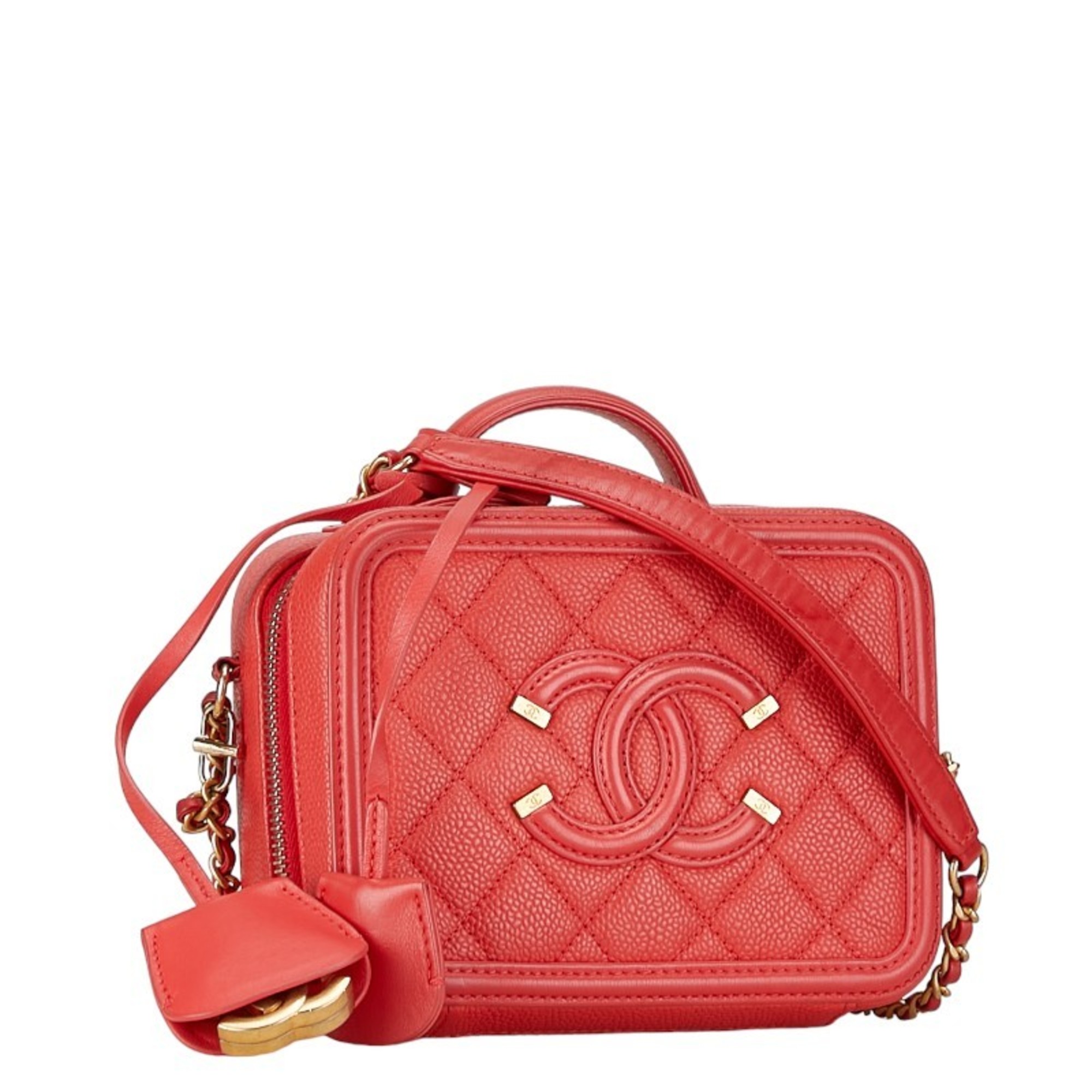 Chanel Coco Mark CC Figurine Chain Shoulder Bag Red Gold Leather Women's CHANEL