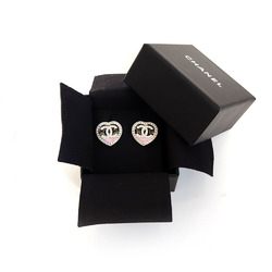 CHANEL Coco Mark Heart-Shaped Earrings ABB664 Silver Black Pink Metal Rhinestones Women's Heart