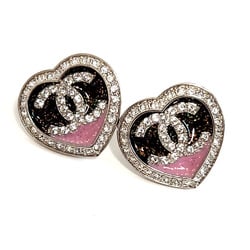 CHANEL Coco Mark Heart-Shaped Earrings ABB664 Silver Black Pink Metal Rhinestones Women's Heart