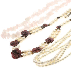 Rhodonite Flower Motif Rose Quartz Freshwater Pearl 3-Piece Necklace Silver Women's