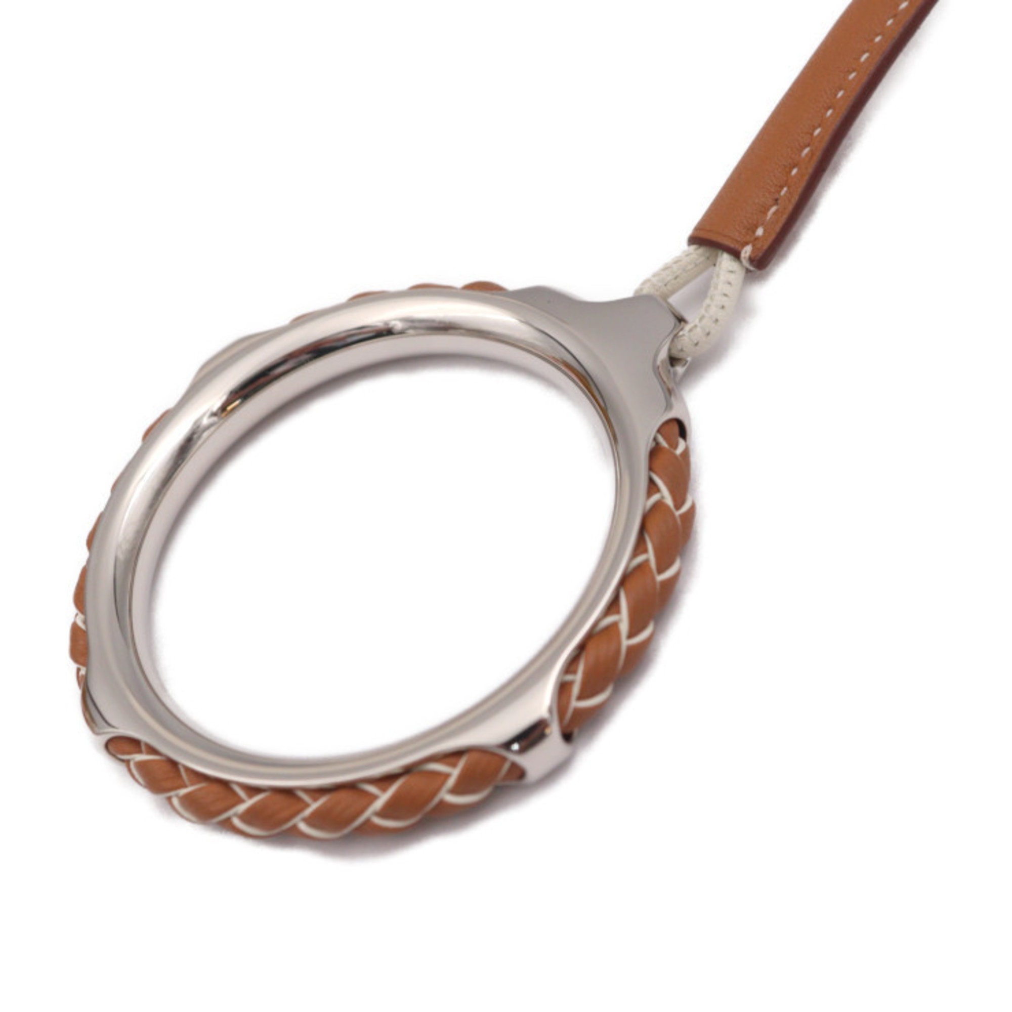 HERMES Kyoto Tresse Necklace 070963FP Swift Leather Brown White Pendant Loop