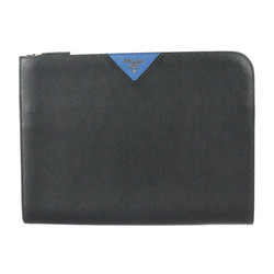 PRADA SAFFIANO TRAVEL Document Case, Second Bag, 2VN003, Leather, Black, Blue, L-Shaped, Clutch Pouch