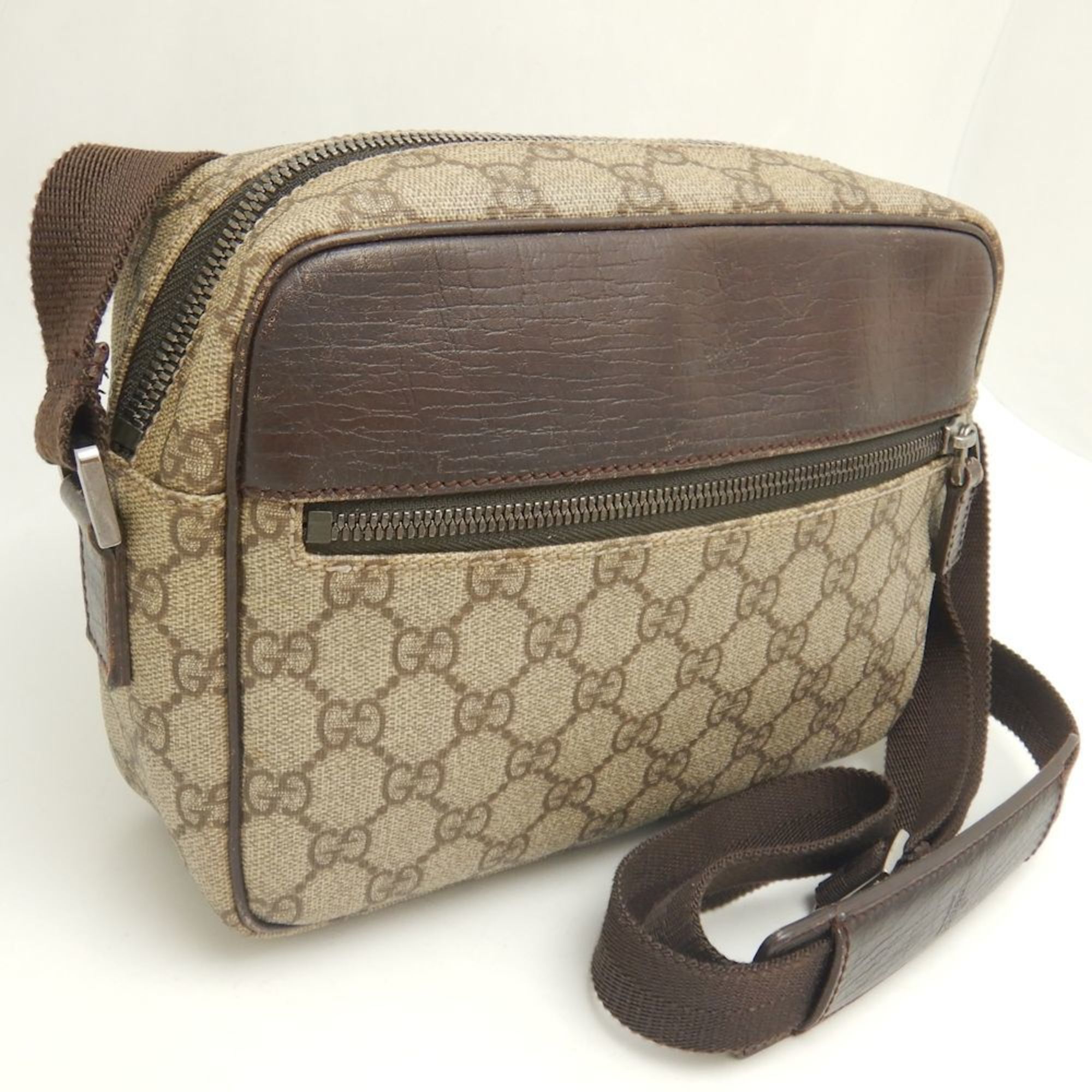 GUCCI 114291 Shoulder Bag GG Supreme Canvas x Leather Beige Brown 251897