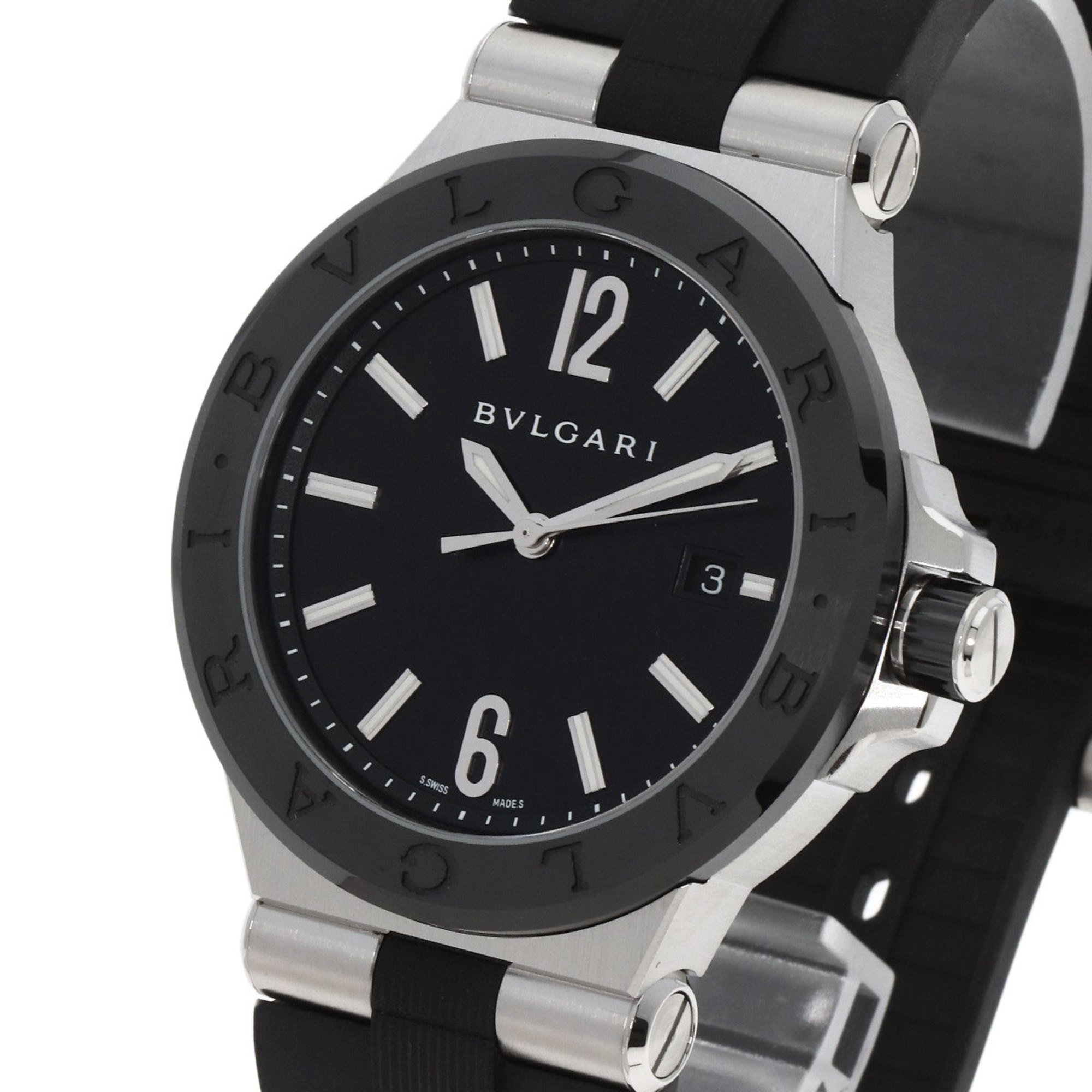 BVLGARI DG42SC Diagono Date Ceramic Watch Stainless Steel Rubber Men's