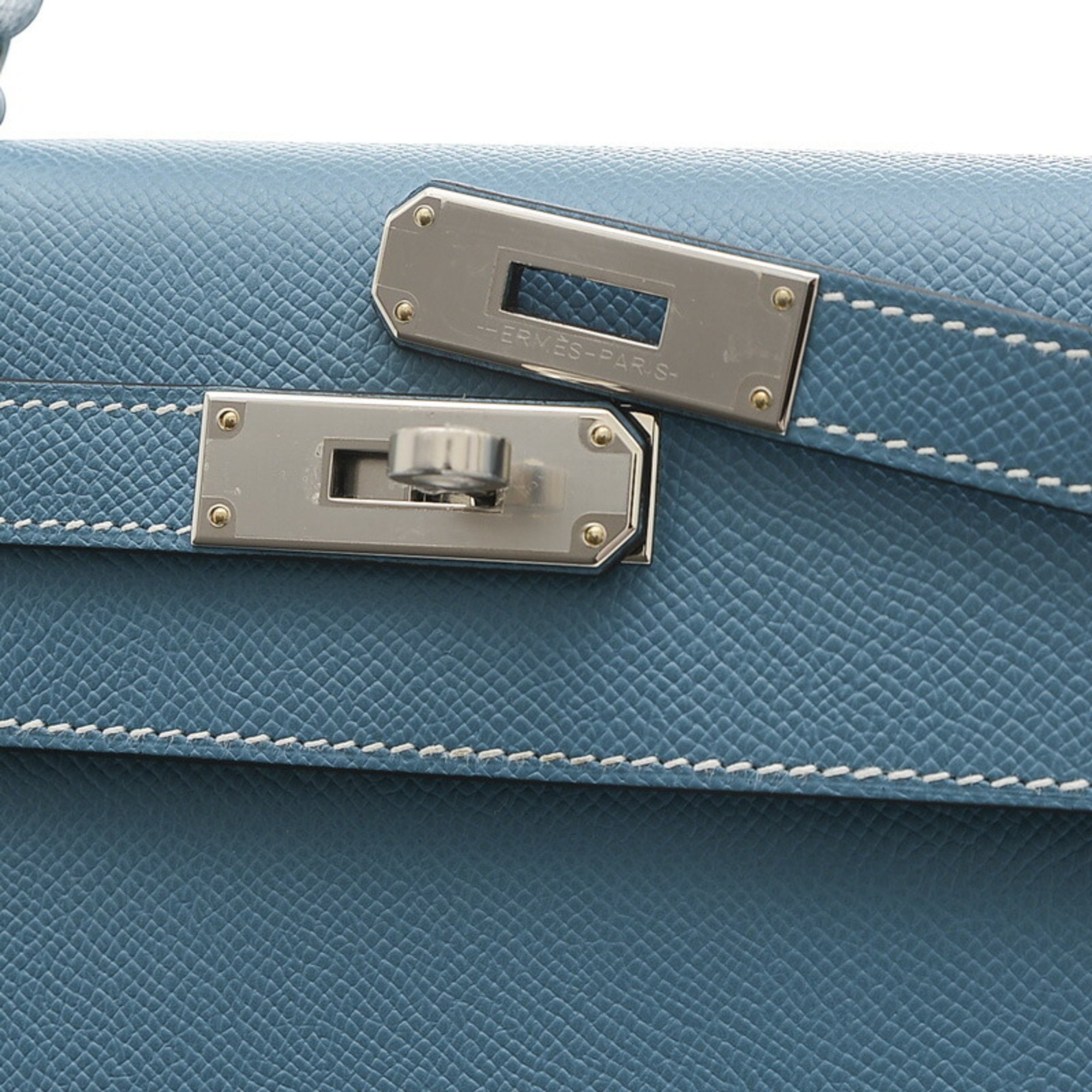 Hermes Kelly 28 Outer Stitched Handbag Epson New Blue Jean W Engraved