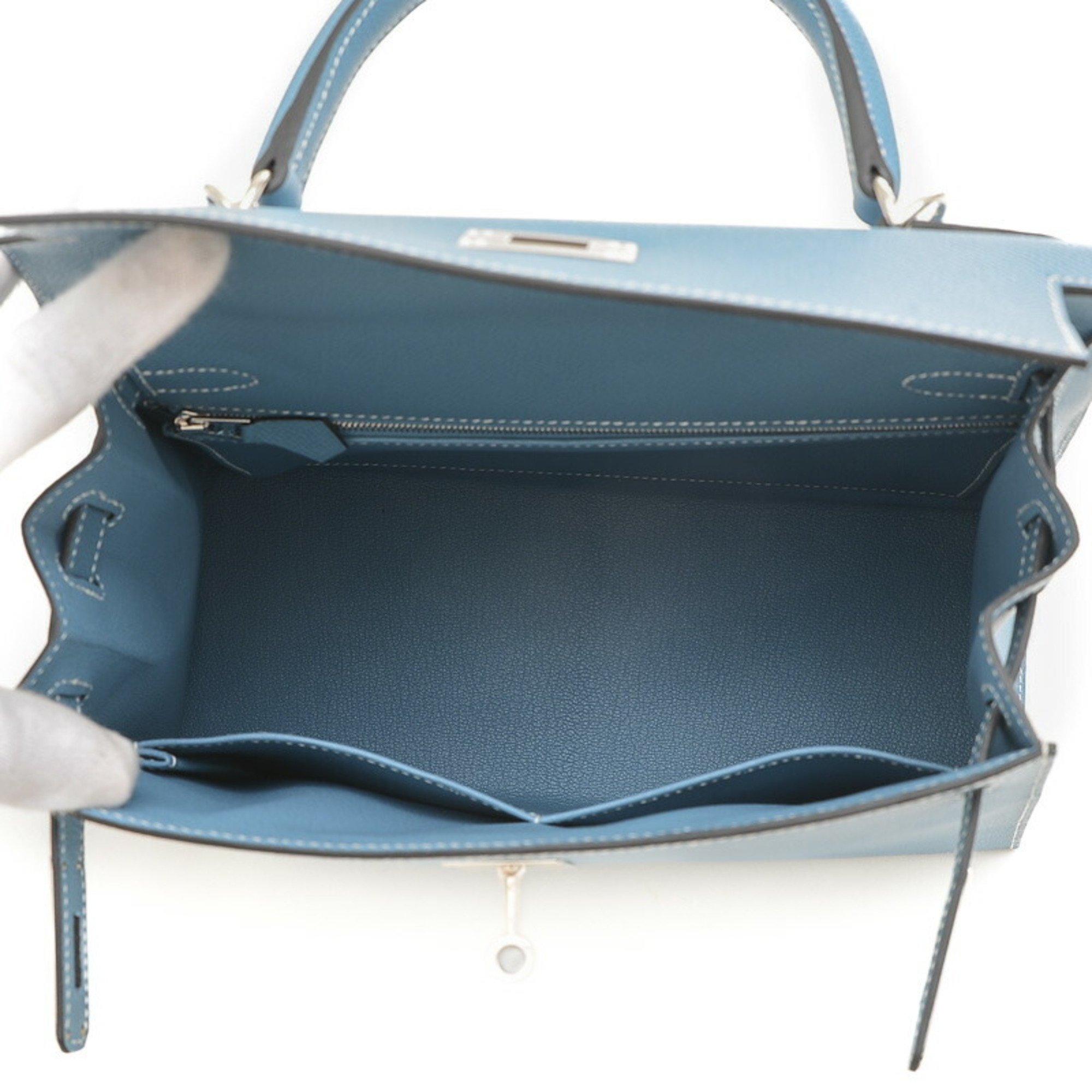 Hermes Kelly 28 Outer Stitched Handbag Epson New Blue Jean W Engraved