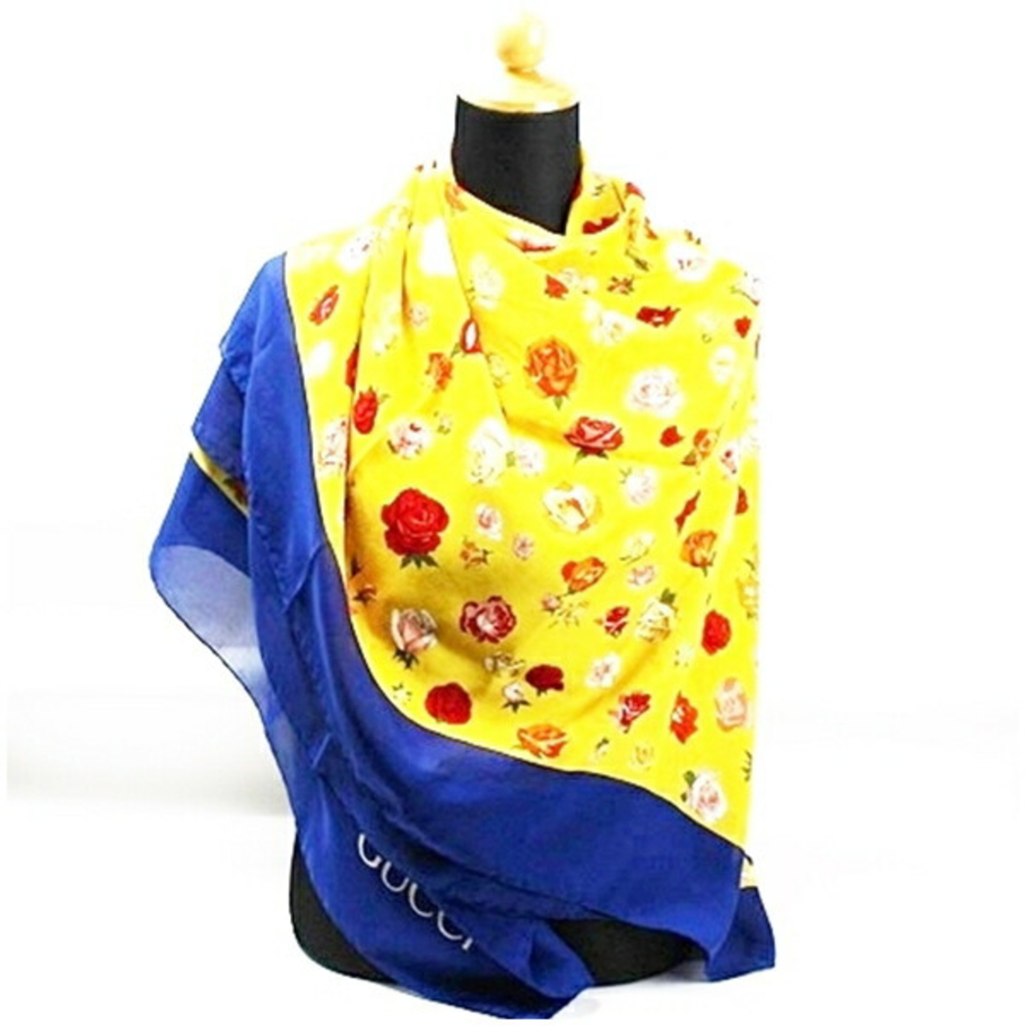 Gucci Large Scarf Muffler Yellow x Blue Rose Pattern GUCCI Women's