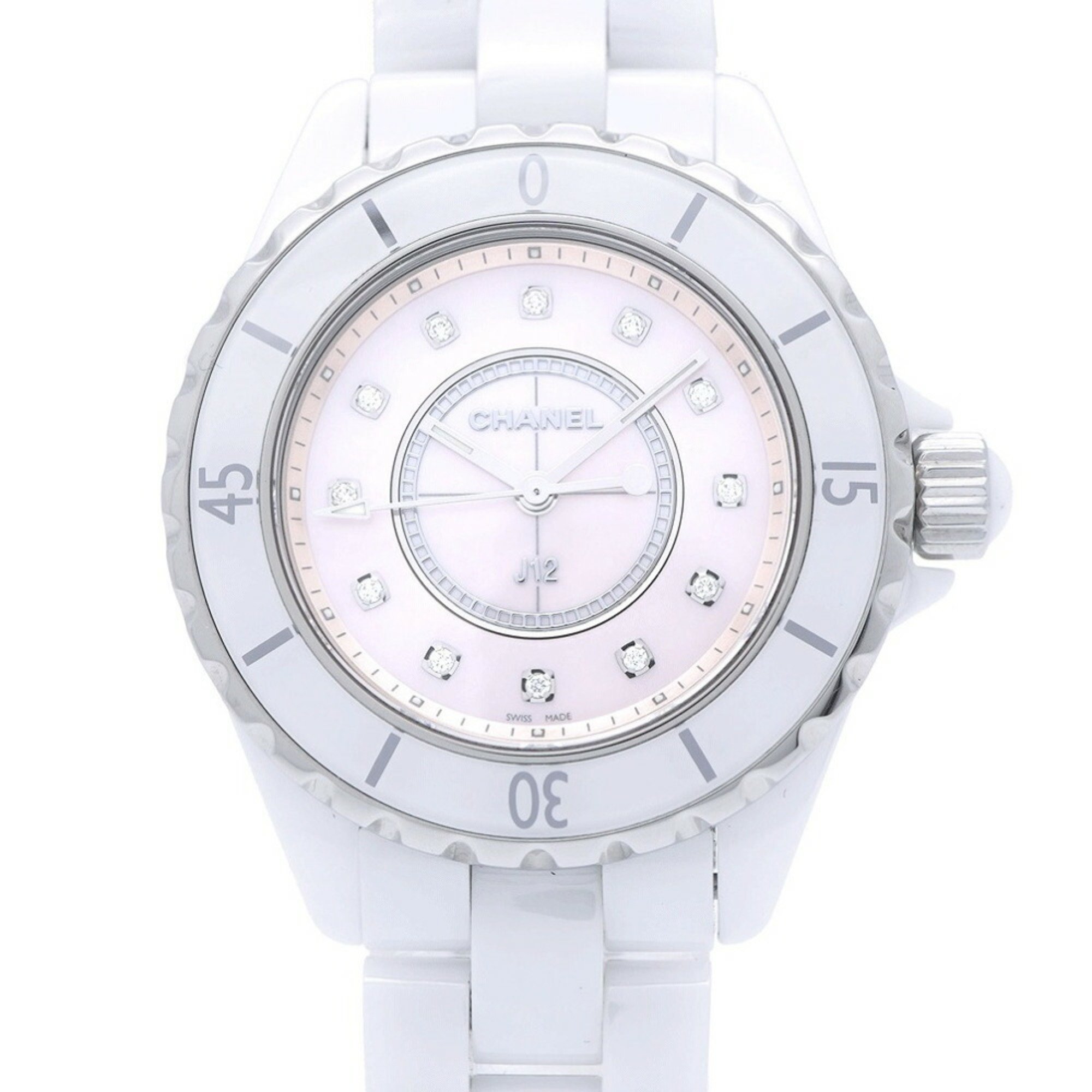 Chanel J12 Pink Shell 12P Diamond H5513 Quartz Watch White Ceramic/Diamond 0058CHANEL Women's