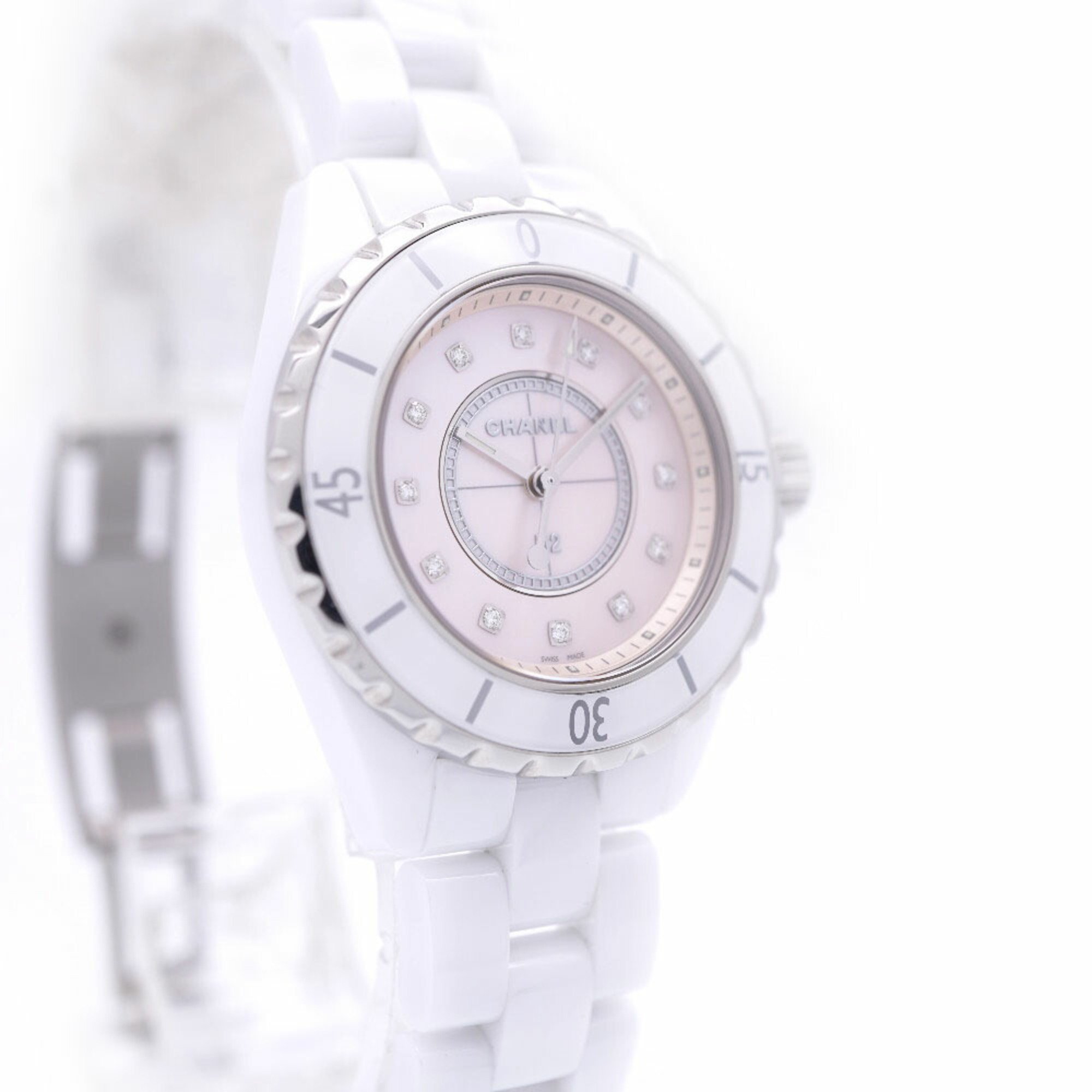 Chanel J12 Pink Shell 12P Diamond H5513 Quartz Watch White Ceramic/Diamond 0058CHANEL Women's