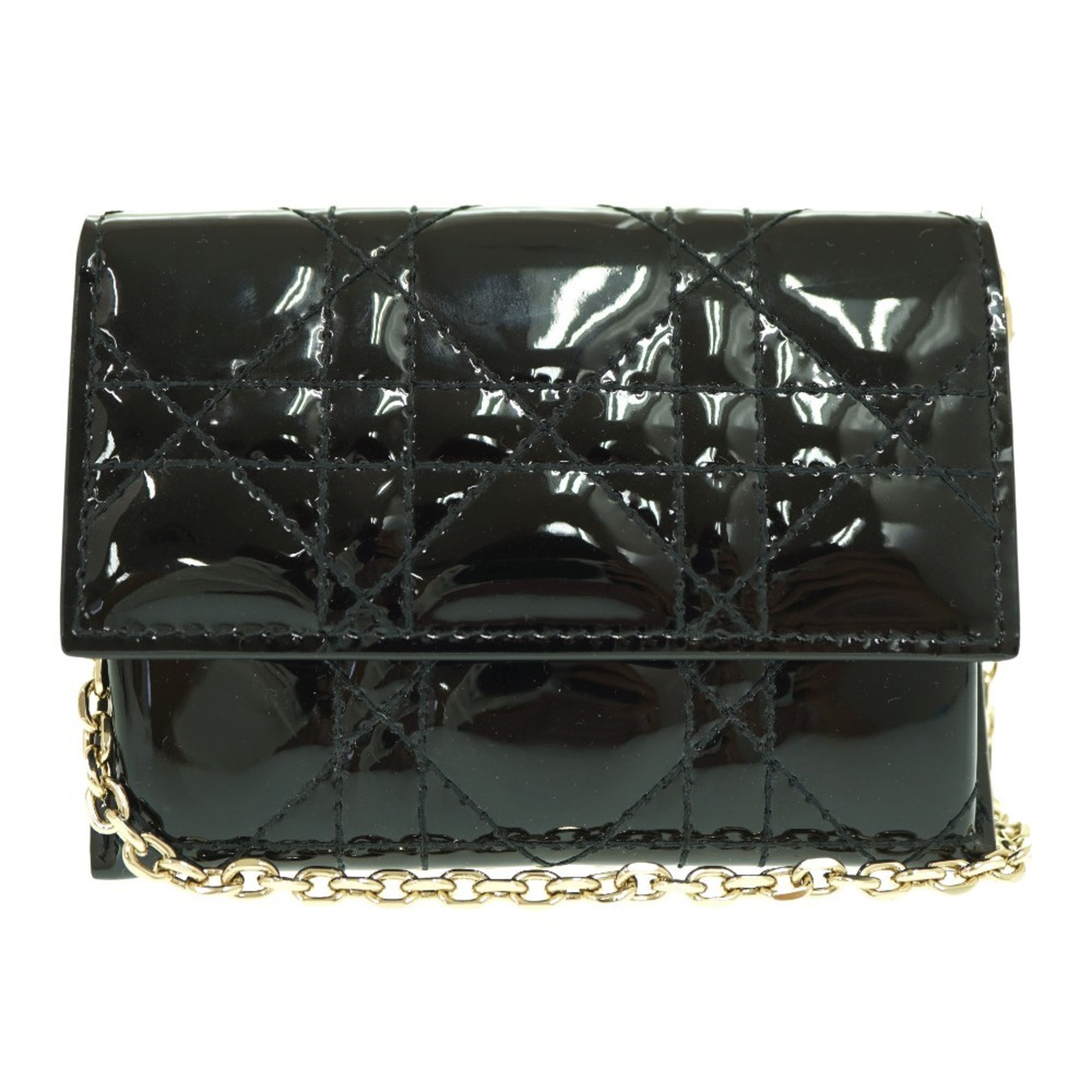 Christian Dior Dior Chain Card Case Coin Wallet Shoulder Bag Patent Leather Black 1443Dior