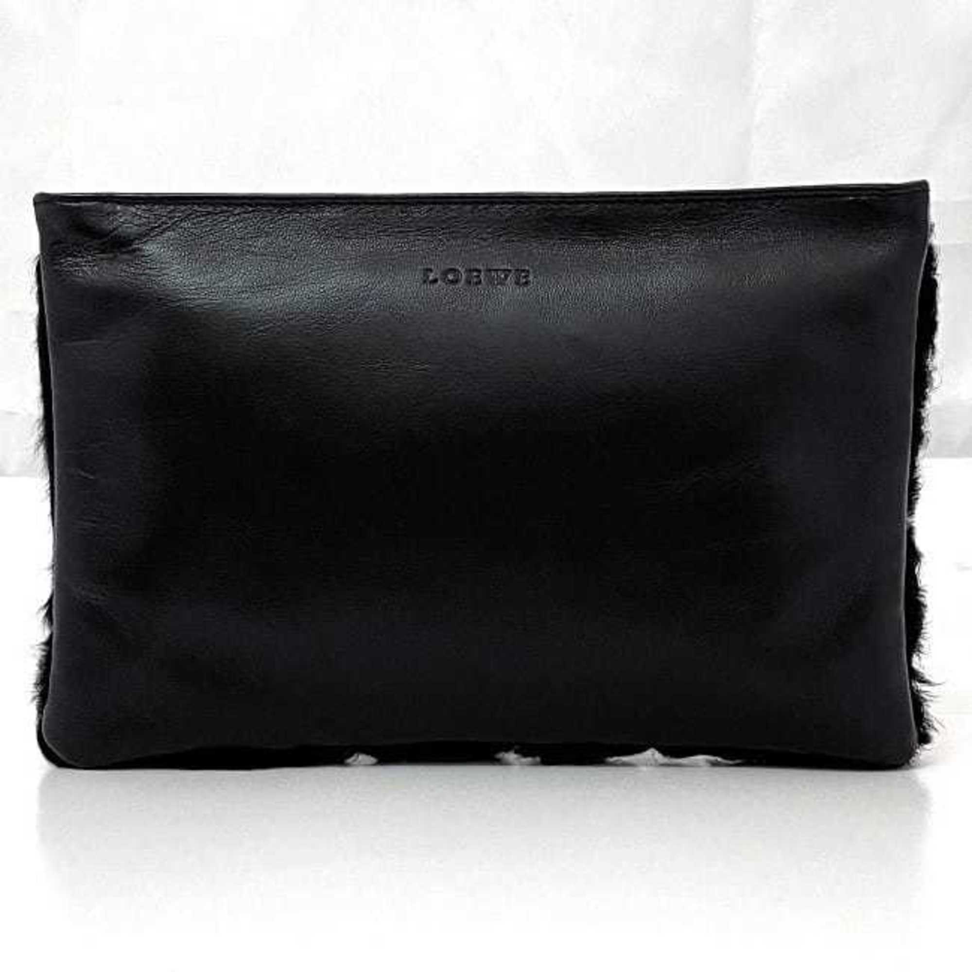 LOEWE Pouch Black 11-99.99.00B-1300 ec-20707 Leather Fur Clutch Bag Faux Women's Compact