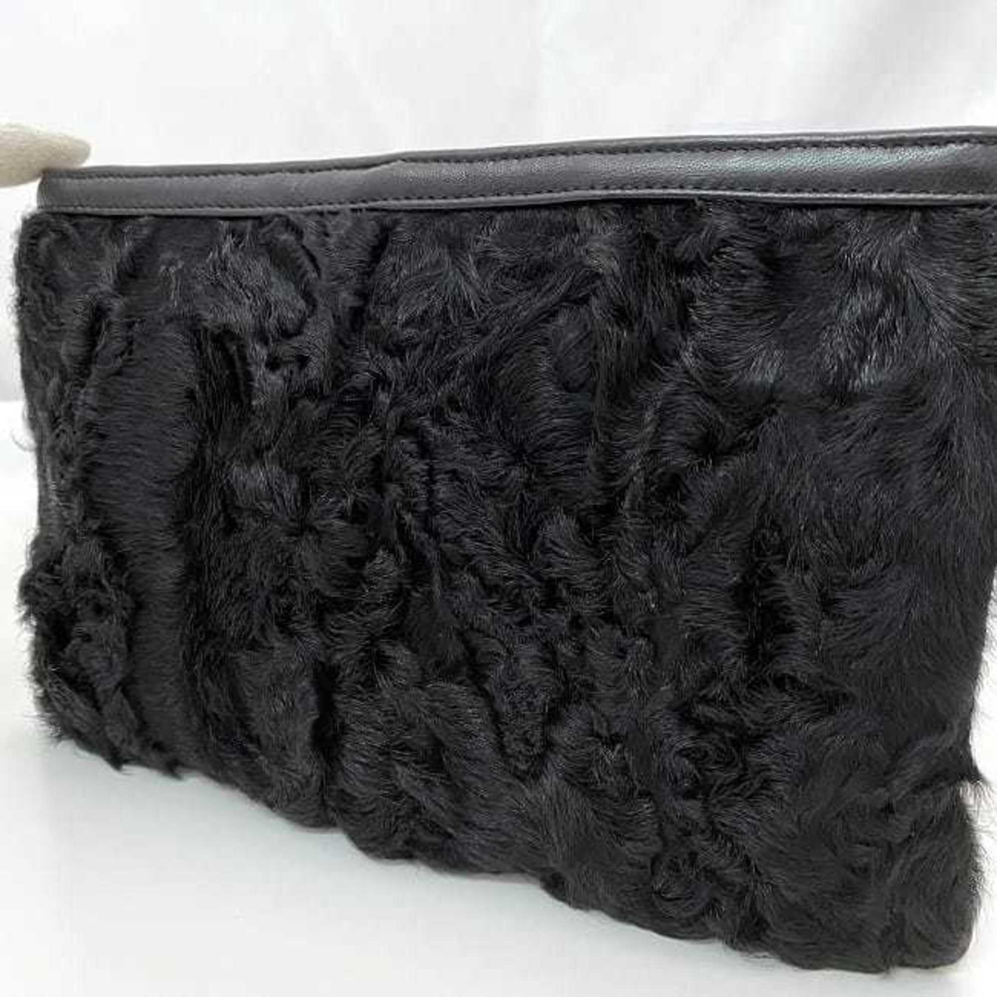 LOEWE Pouch Black 11-99.99.00B-1300 ec-20707 Leather Fur Clutch Bag Faux Women's Compact