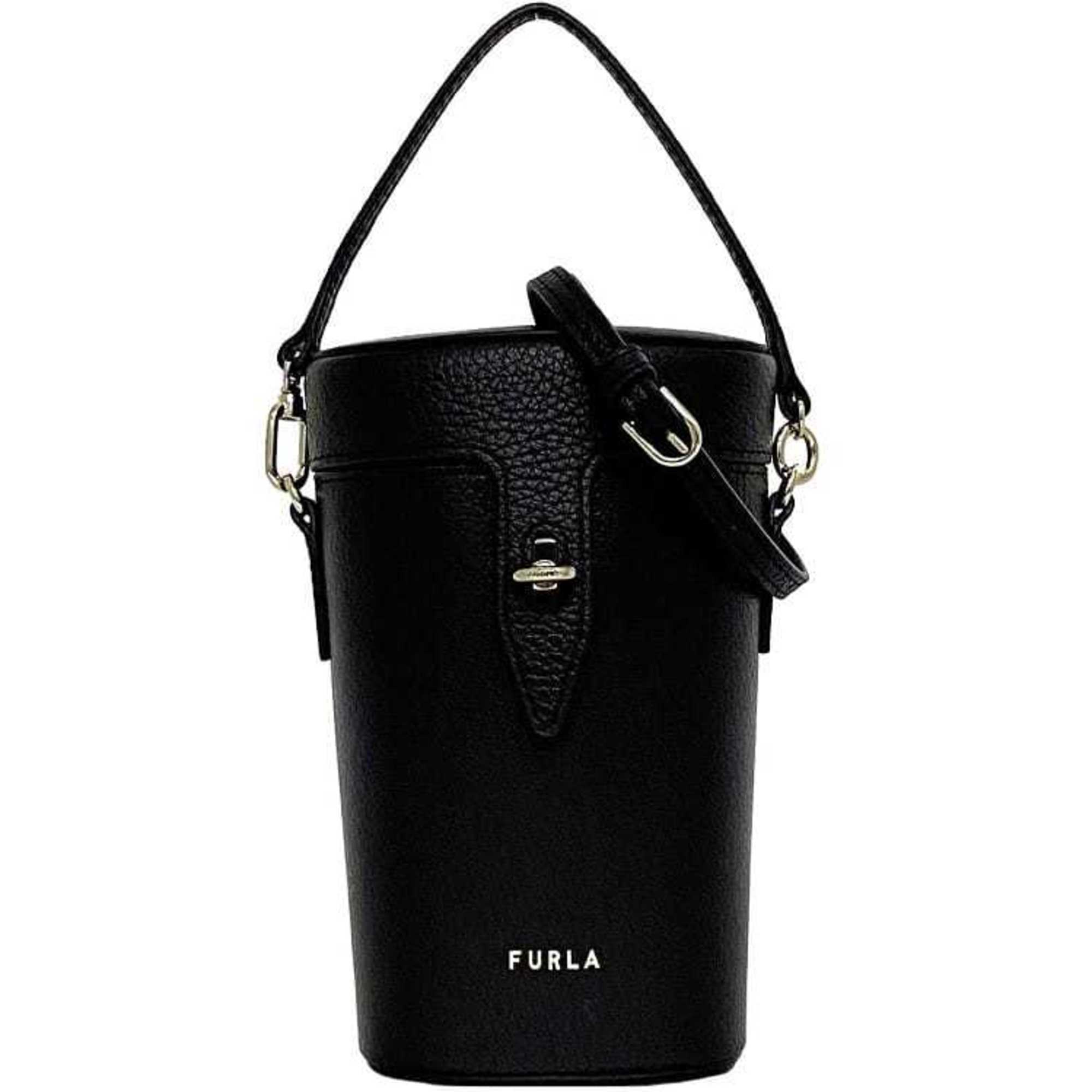 FURLA 2-way shoulder bag, black, WE00607, ec-20696, leather, bucket turn lock, pocket, smartphone, women's, compact