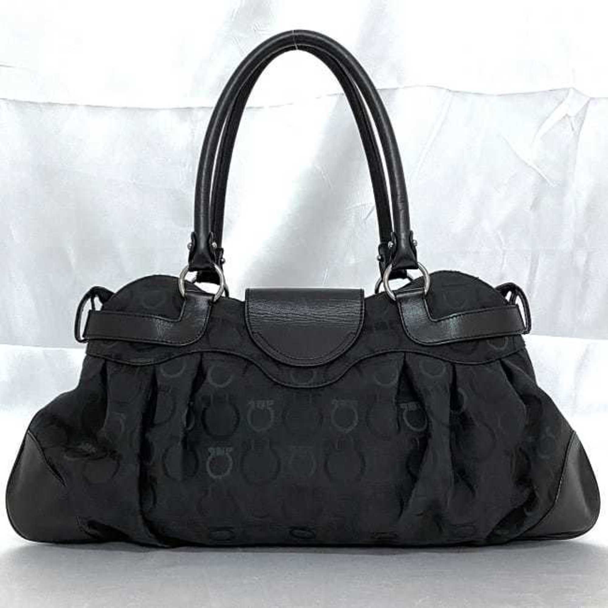 Salvatore Ferragamo Handbag Black Gancini AU-21/6325 ec-20693 Canvas Leather Women's