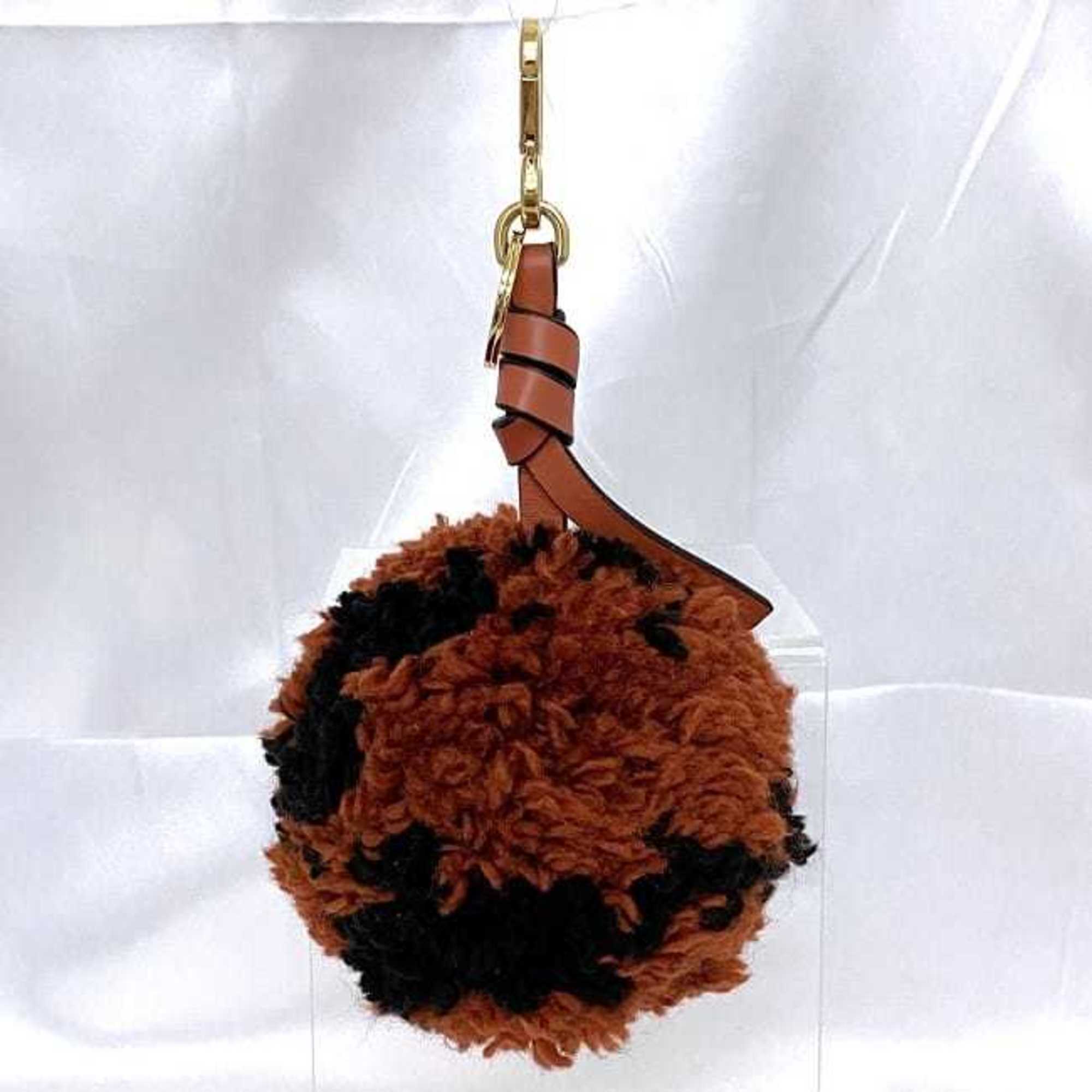 LOEWE Charm Orange Brown Black 10929002 9933 ec-20670 Pompom Wool Leather Key Ring Women's