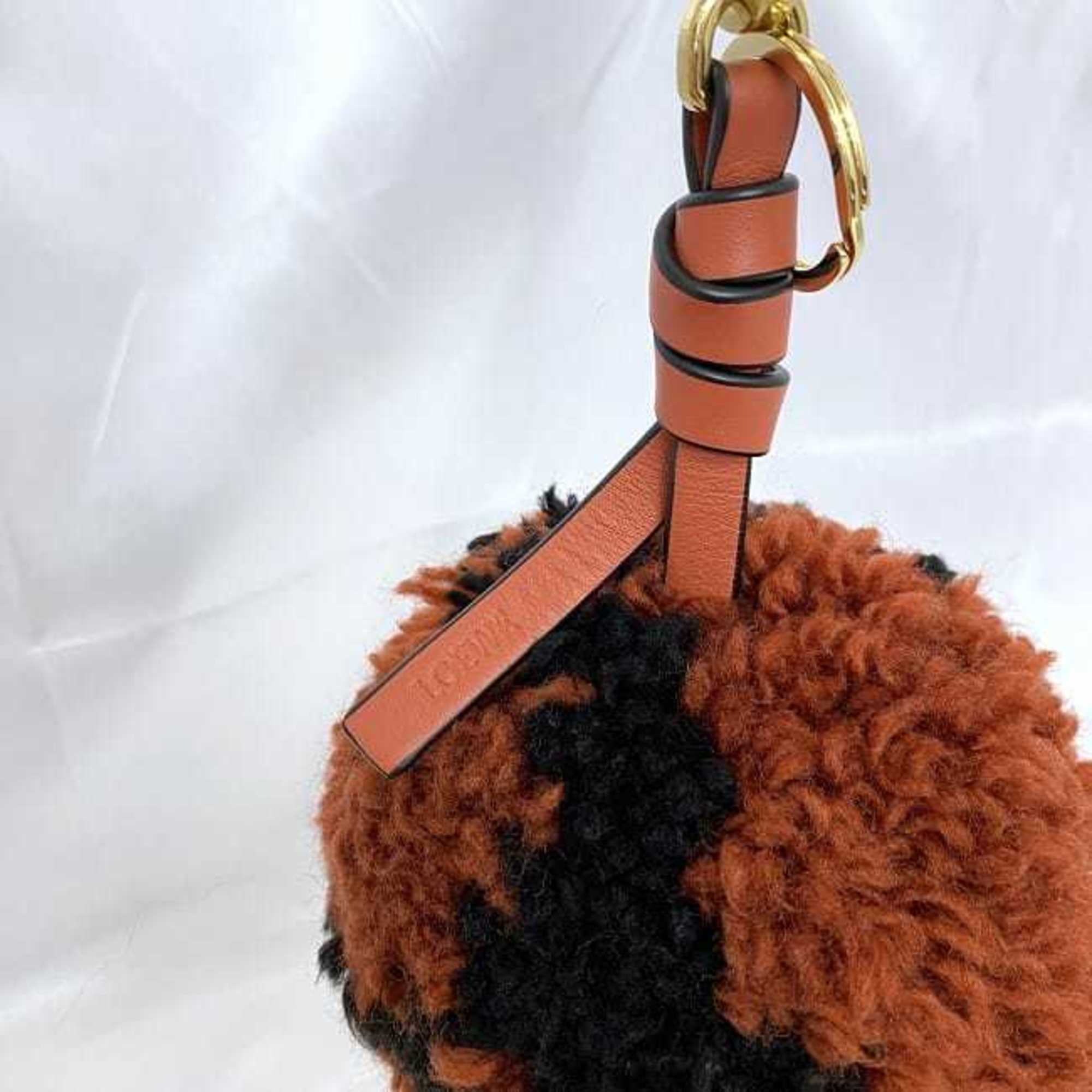 LOEWE Charm Orange Brown Black 10929002 9933 ec-20670 Pompom Wool Leather Key Ring Women's