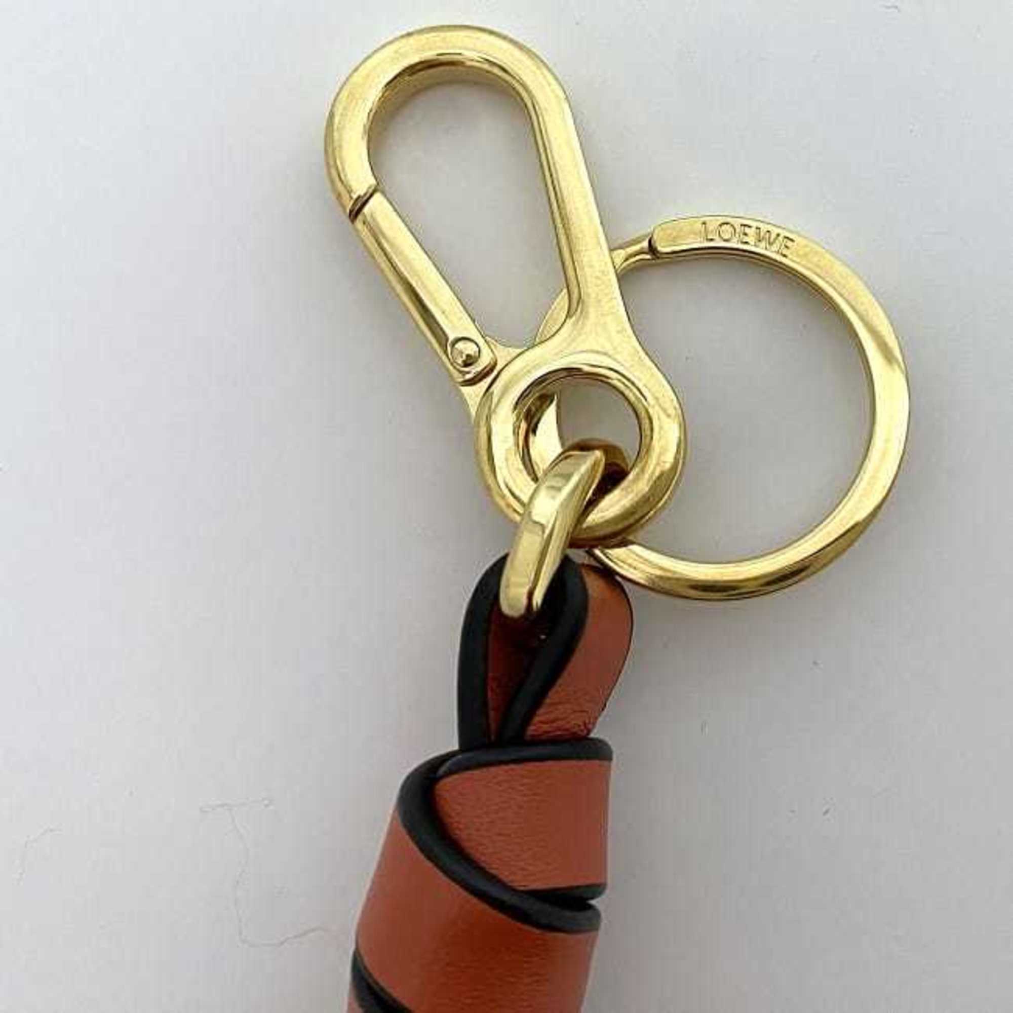 LOEWE Charm Orange Brown Black 10929002 9933 ec-20670 Pompom Wool Leather Key Ring Women's