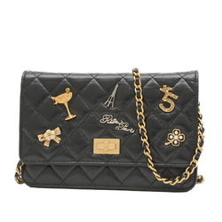 Chanel 2.55 Icon Embroidery Chain Wallet Long Leather Black