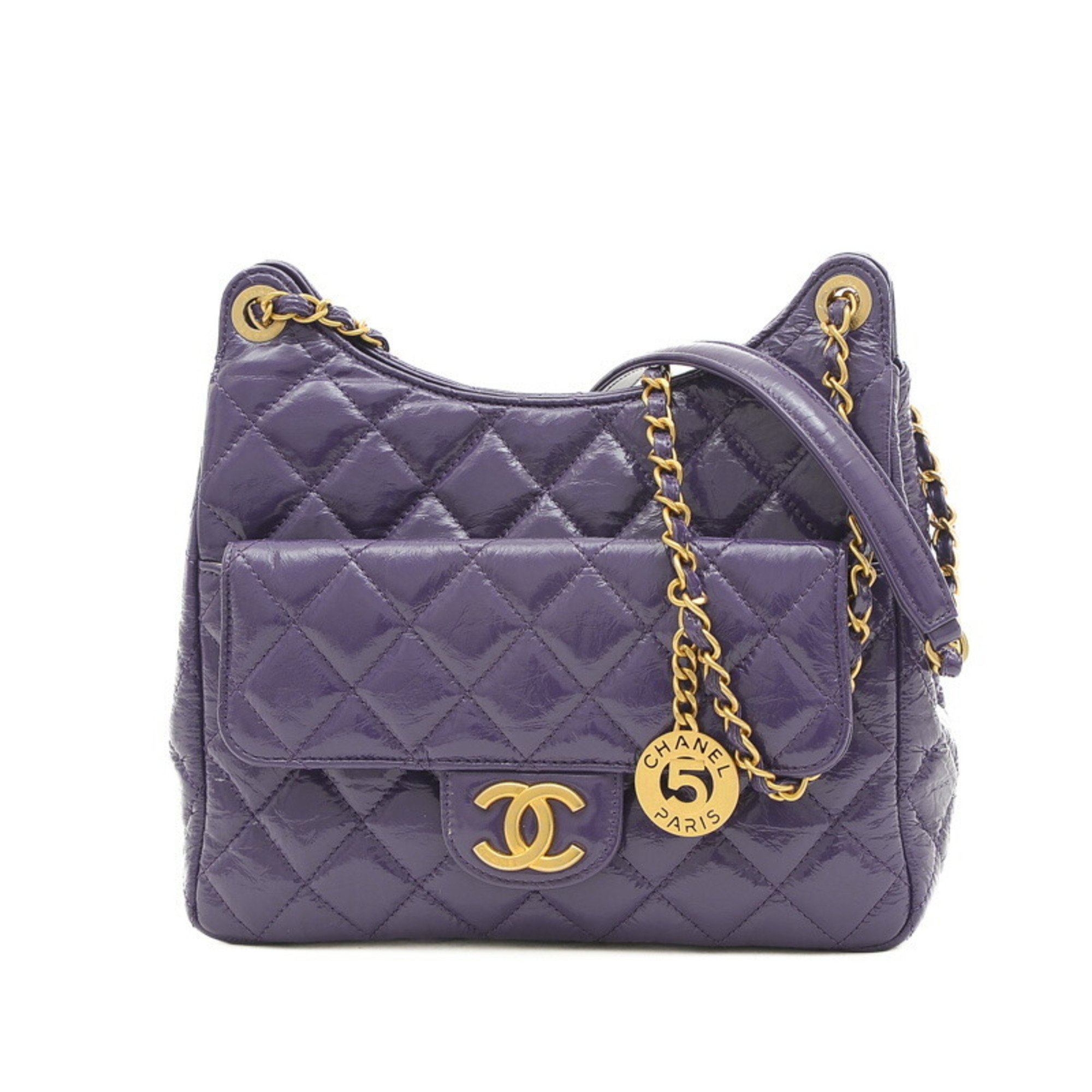 Chanel Matelasse Hobo Shoulder Bag Shiny Calfskin Purple AS3690