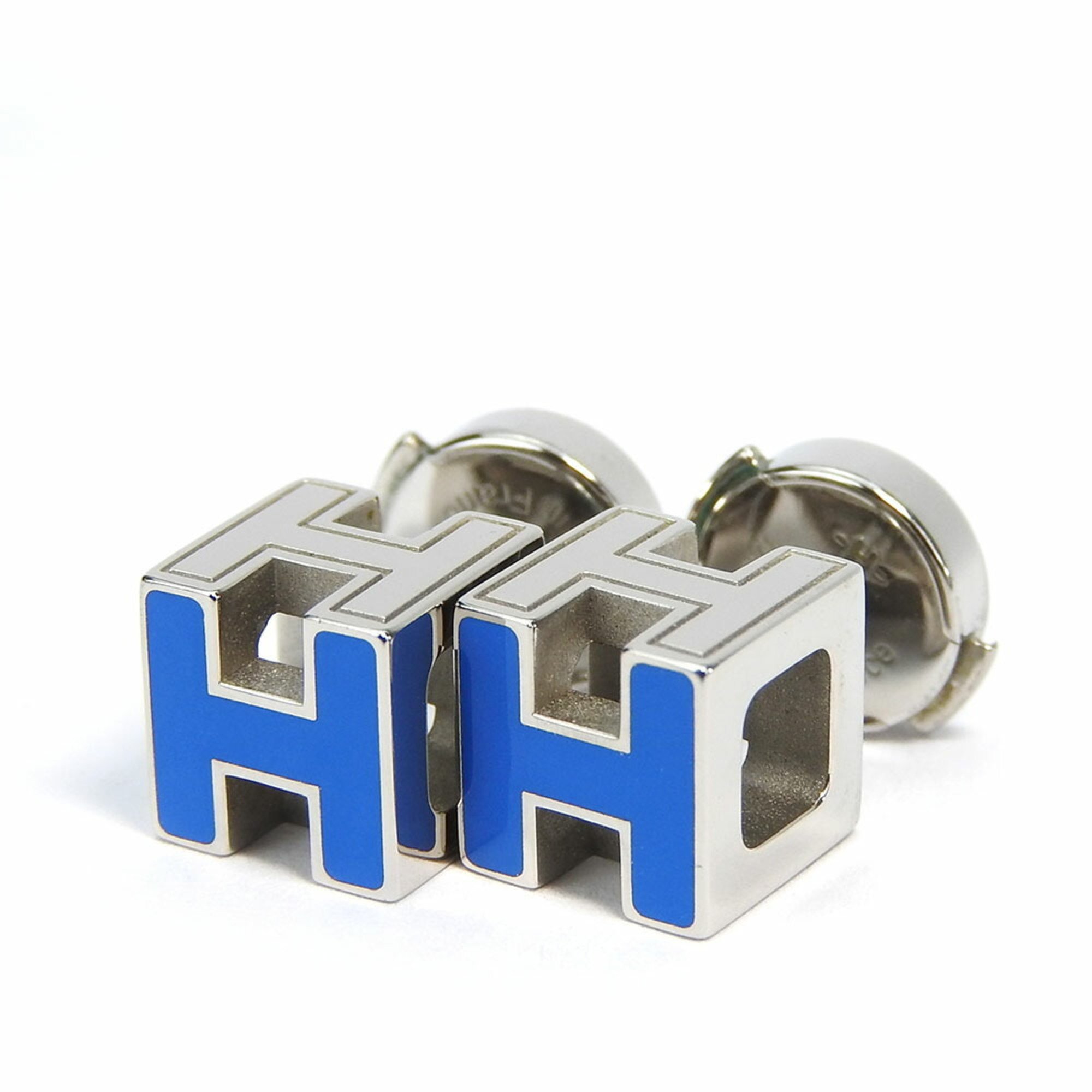 Hermes Earrings Cage de H Cube Metal Blue Silver Women's HERMES