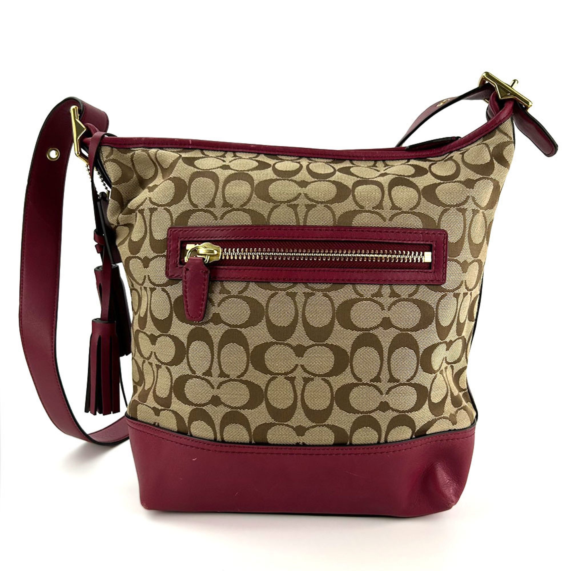 Coach Shoulder Bag F25380 Signature Canvas Leather Bordeaux Beige Women's COACH