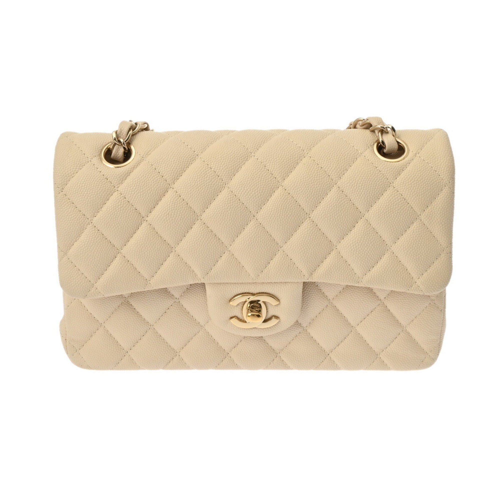 CHANEL Chanel Matelasse Chain Shoulder 23cm W Flap Beige Champagne A01113 Women's Caviar Skin Bag