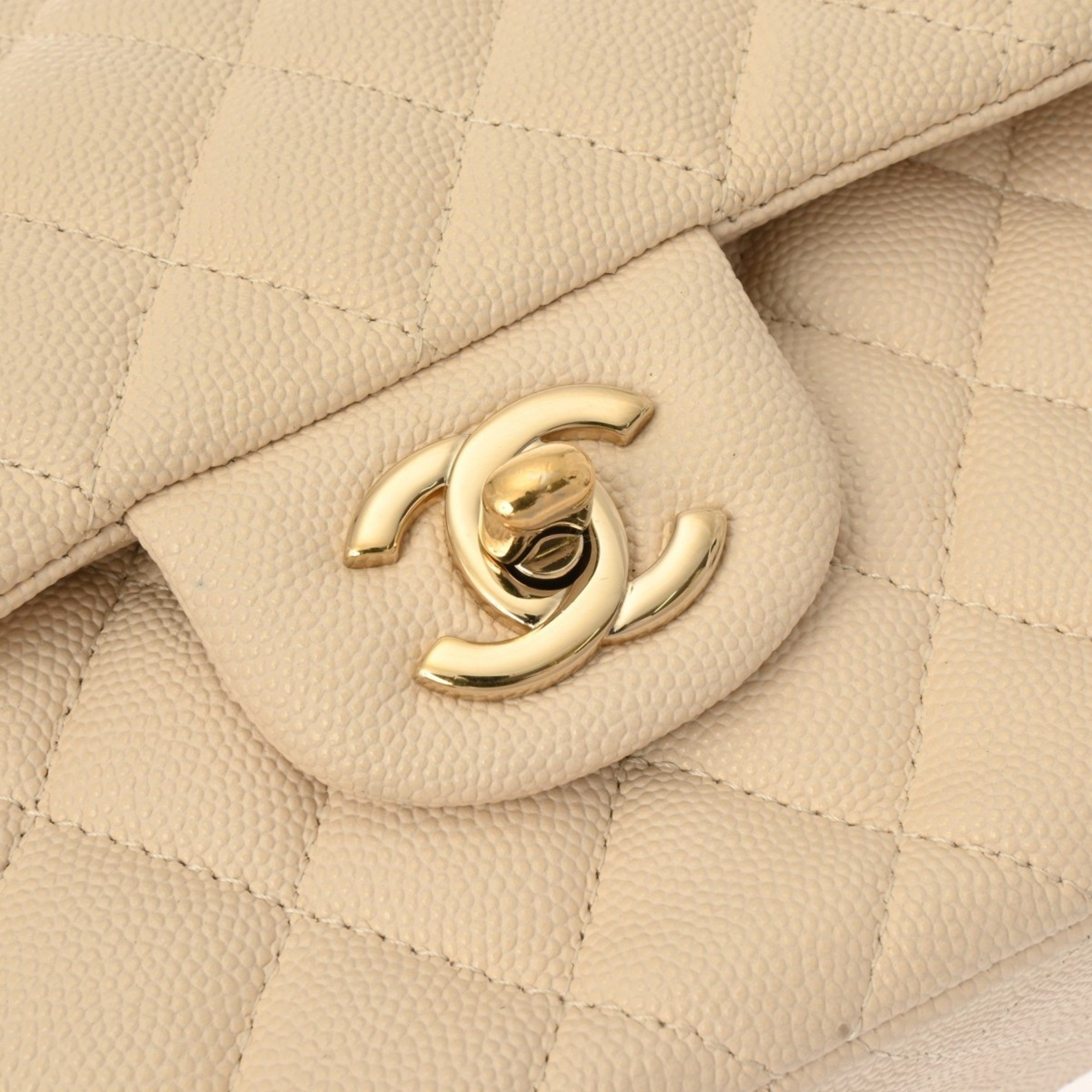 CHANEL Chanel Matelasse Chain Shoulder 23cm W Flap Beige Champagne A01113 Women's Caviar Skin Bag