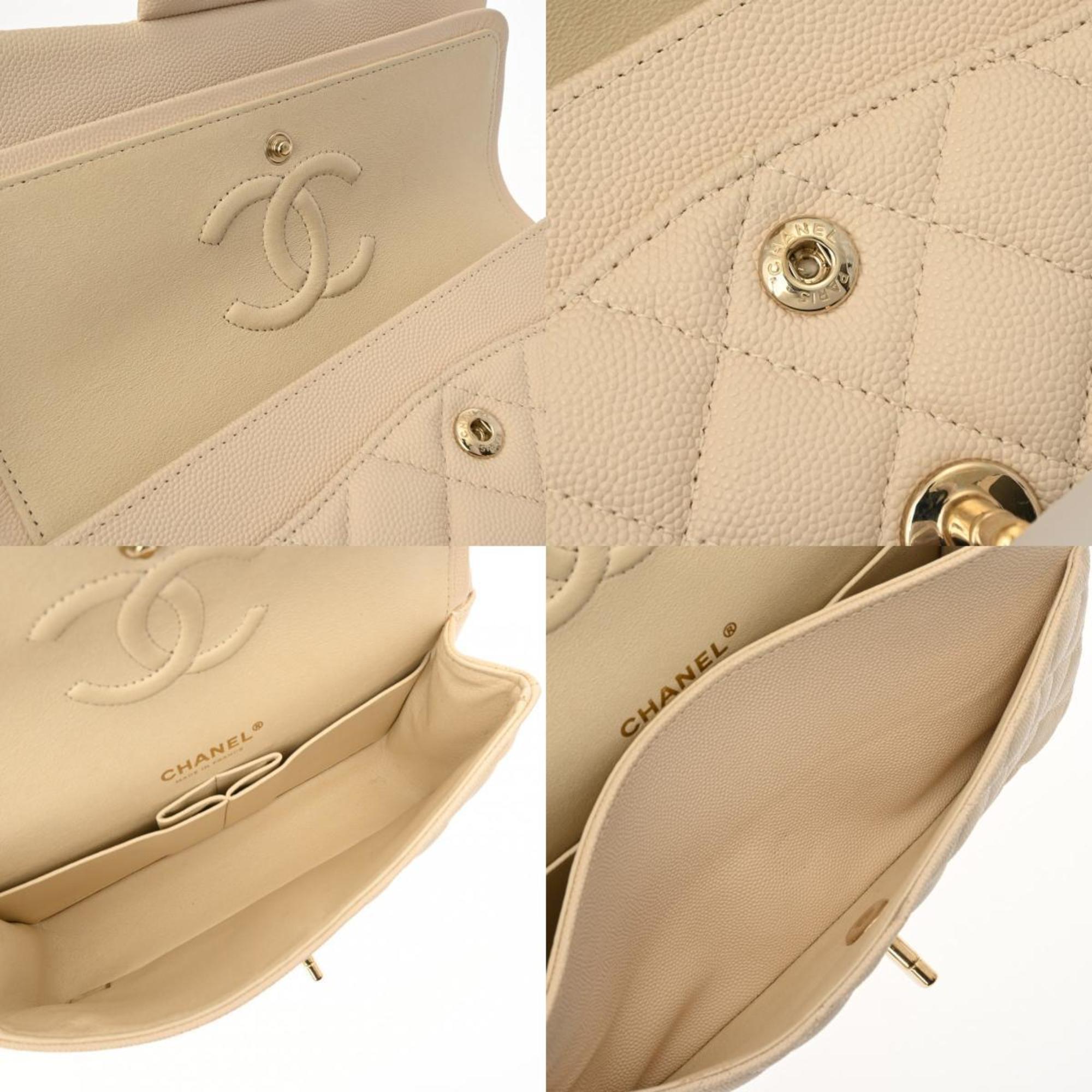 CHANEL Chanel Matelasse Chain Shoulder 23cm W Flap Beige Champagne A01113 Women's Caviar Skin Bag