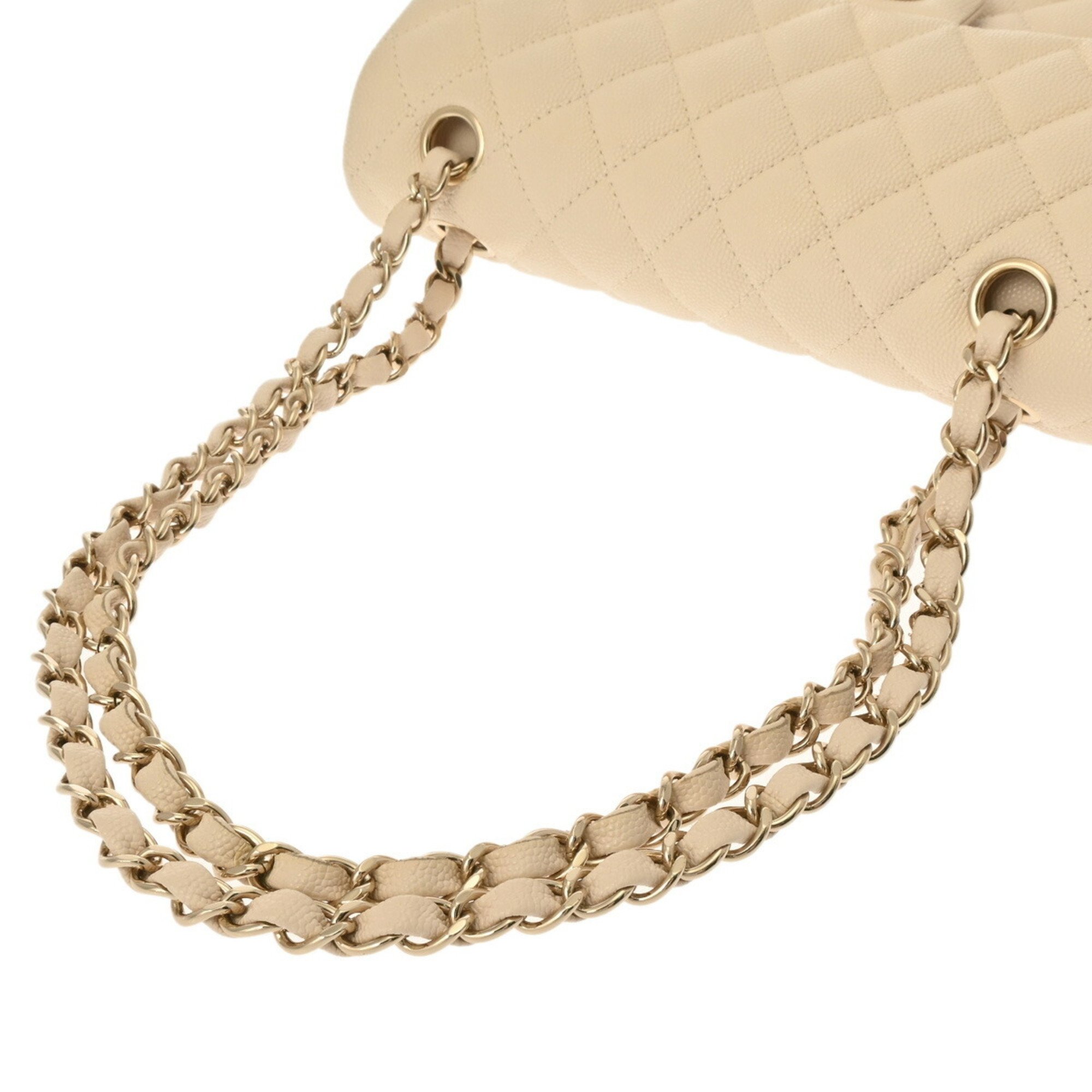 CHANEL Chanel Matelasse Chain Shoulder 23cm W Flap Beige Champagne A01113 Women's Caviar Skin Bag