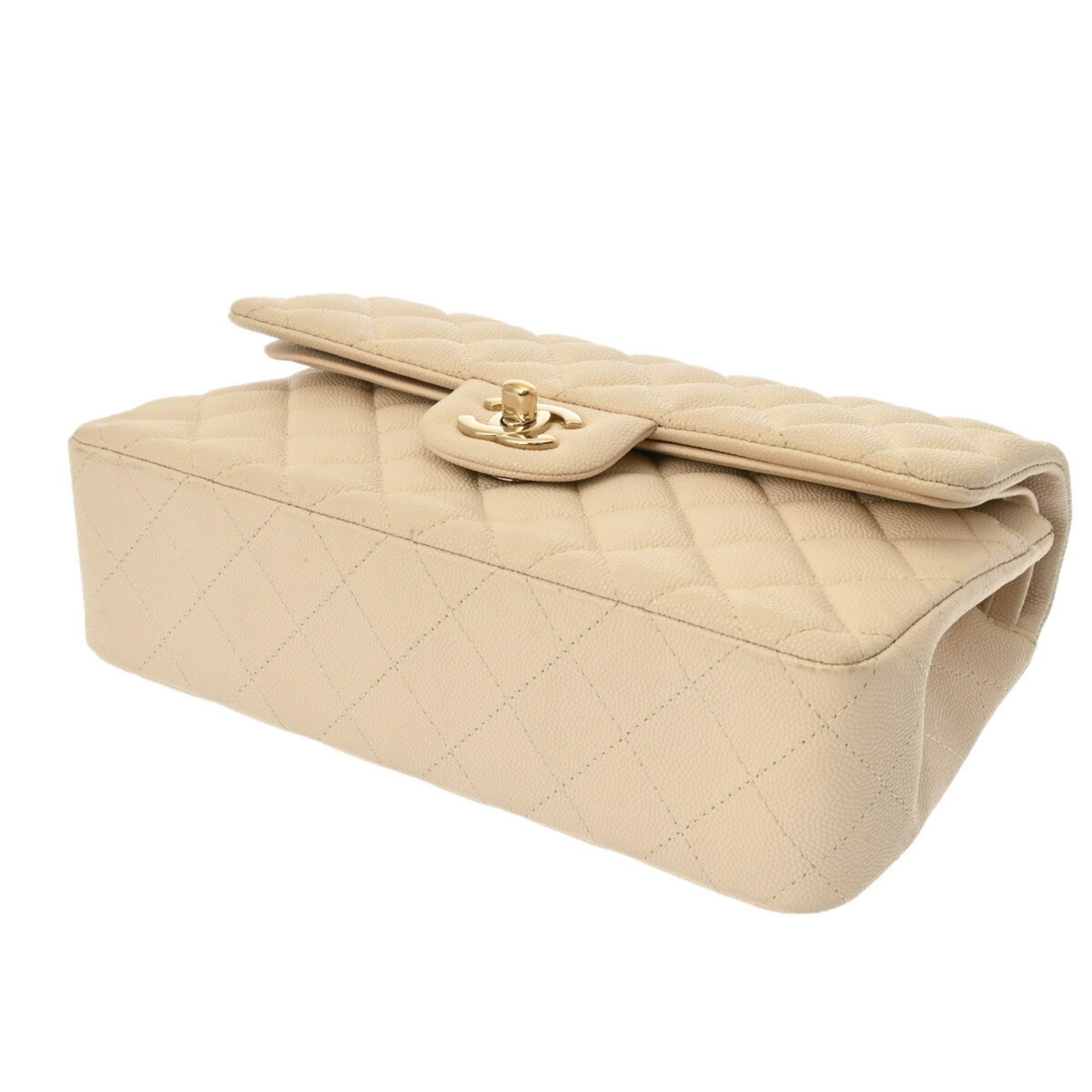 CHANEL Chanel Matelasse Chain Shoulder 23cm W Flap Beige Champagne A01113 Women's Caviar Skin Bag