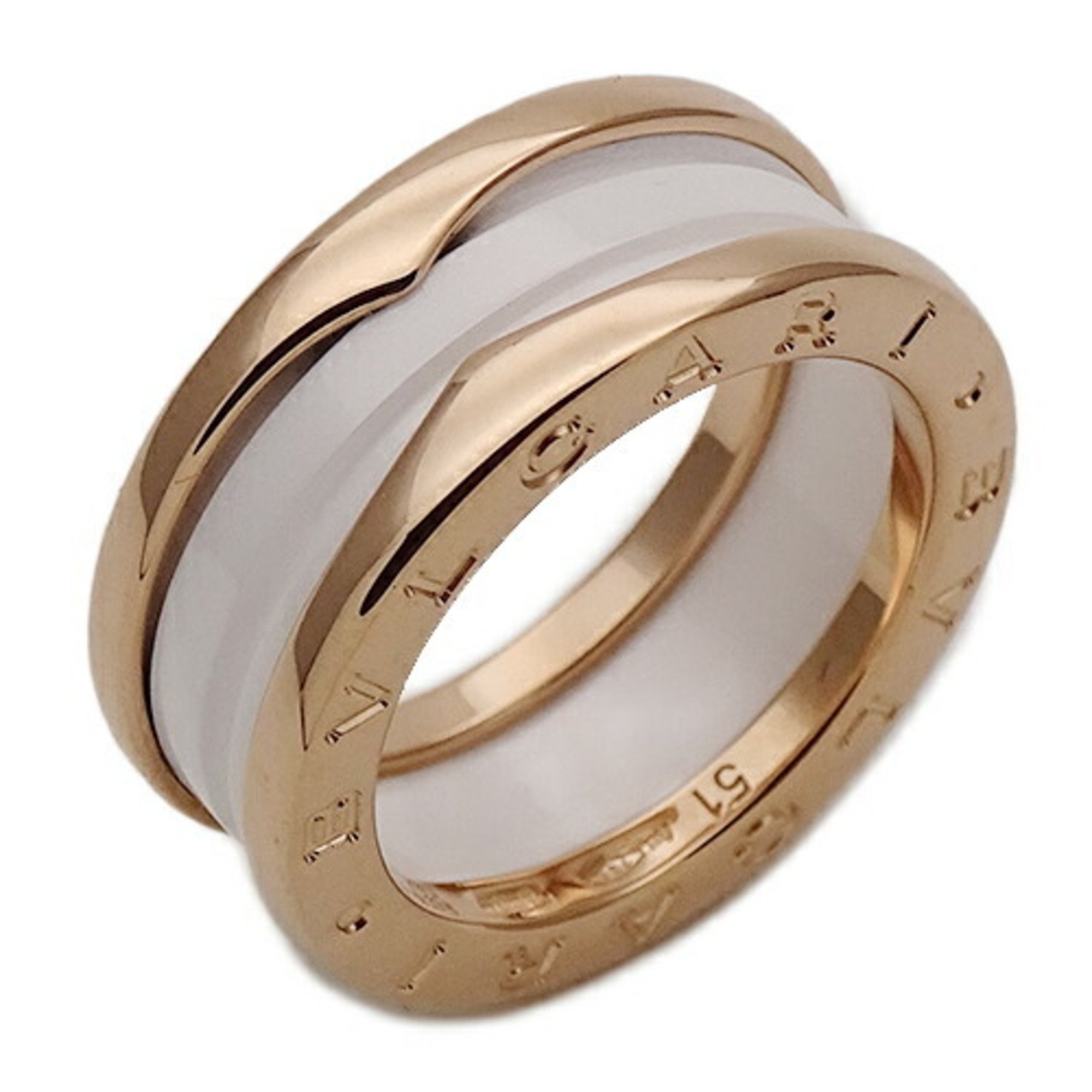 BVLGARI Ring for Women and Men, 750PG White Ceramic B-zero1, 2 Bands, Pink Gold, #51, Size 10.5, Polished