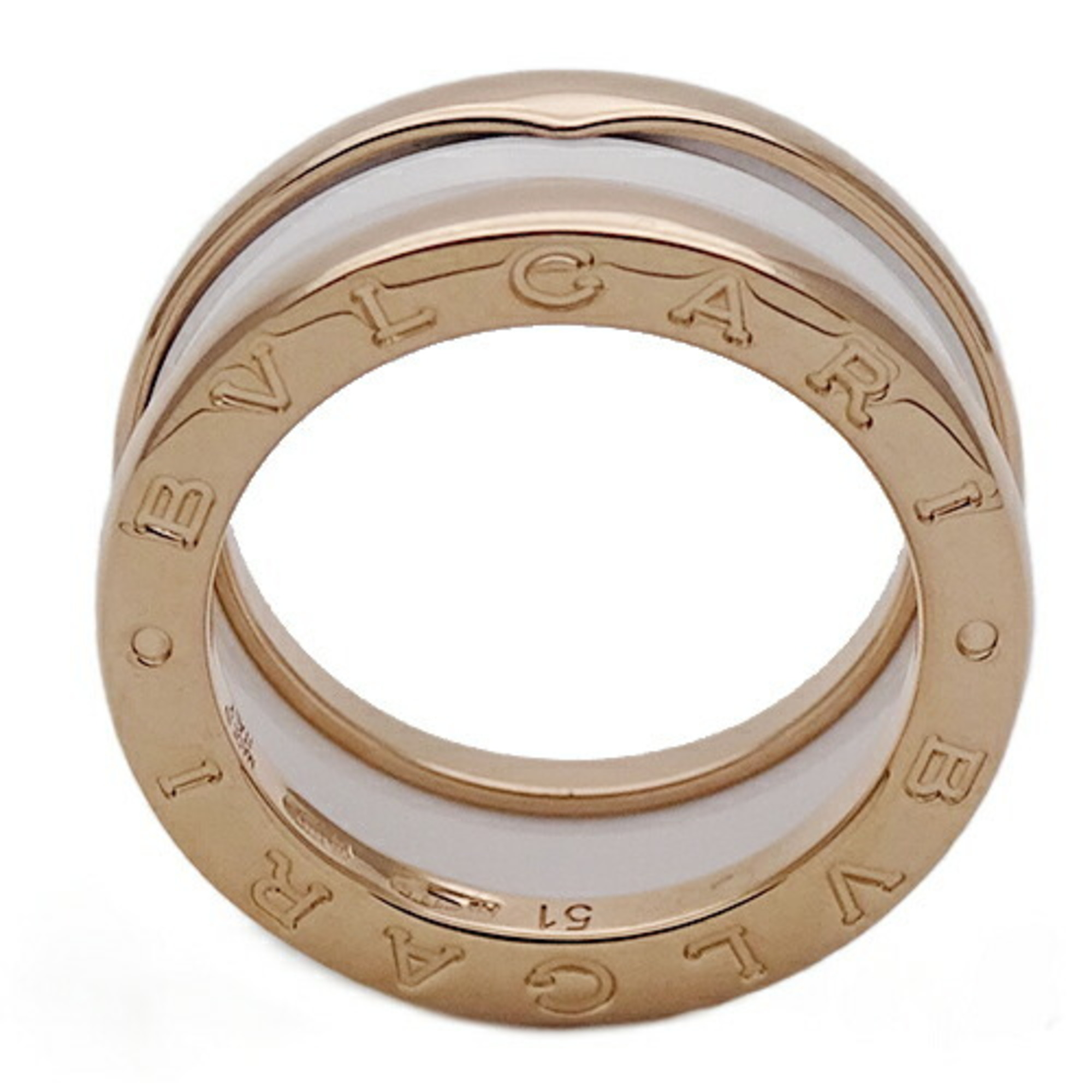 BVLGARI Ring for Women and Men, 750PG White Ceramic B-zero1, 2 Bands, Pink Gold, #51, Size 10.5, Polished