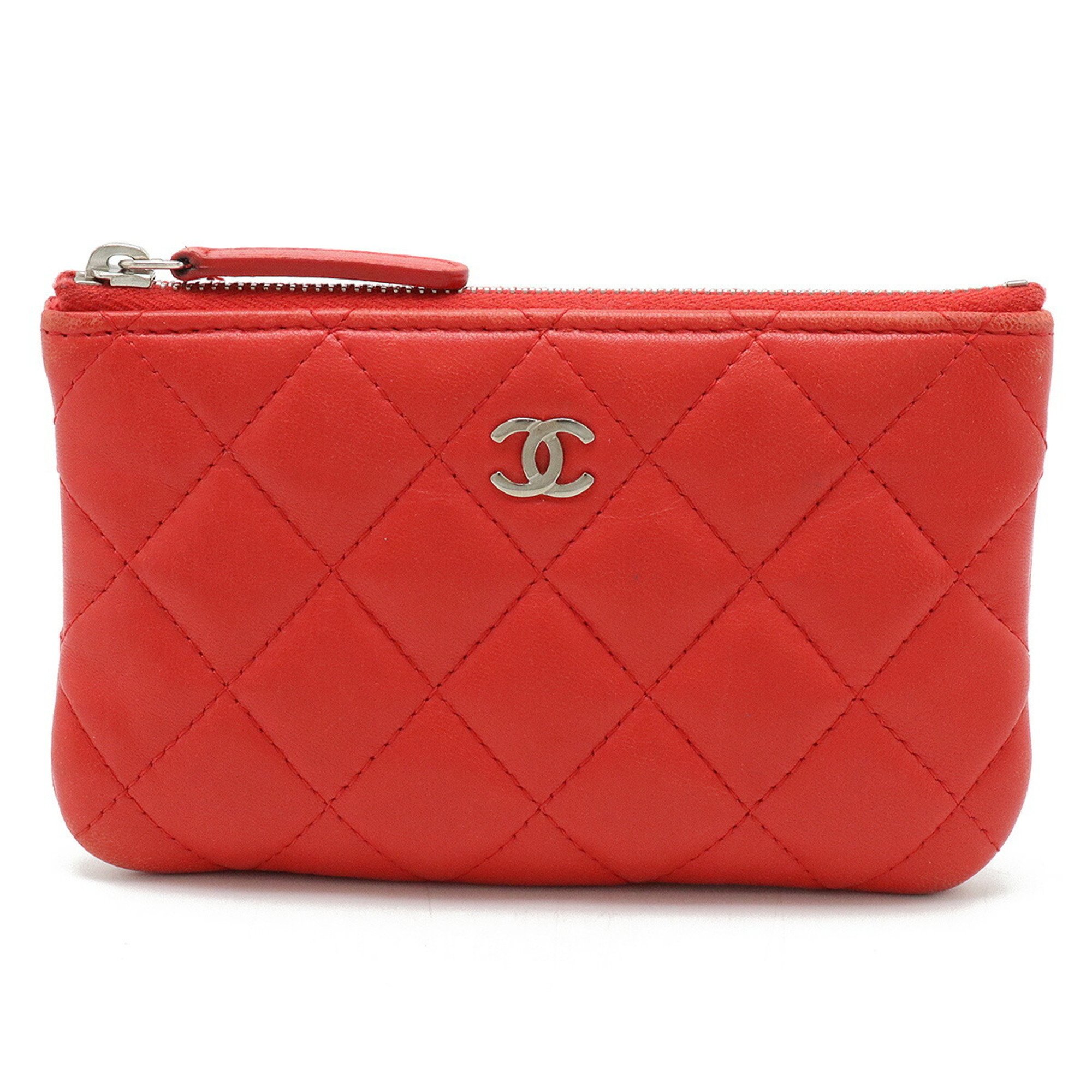 CHANEL Chanel Matelasse Coco Mark Pouch Coin Case Lambskin Leather Red A82365