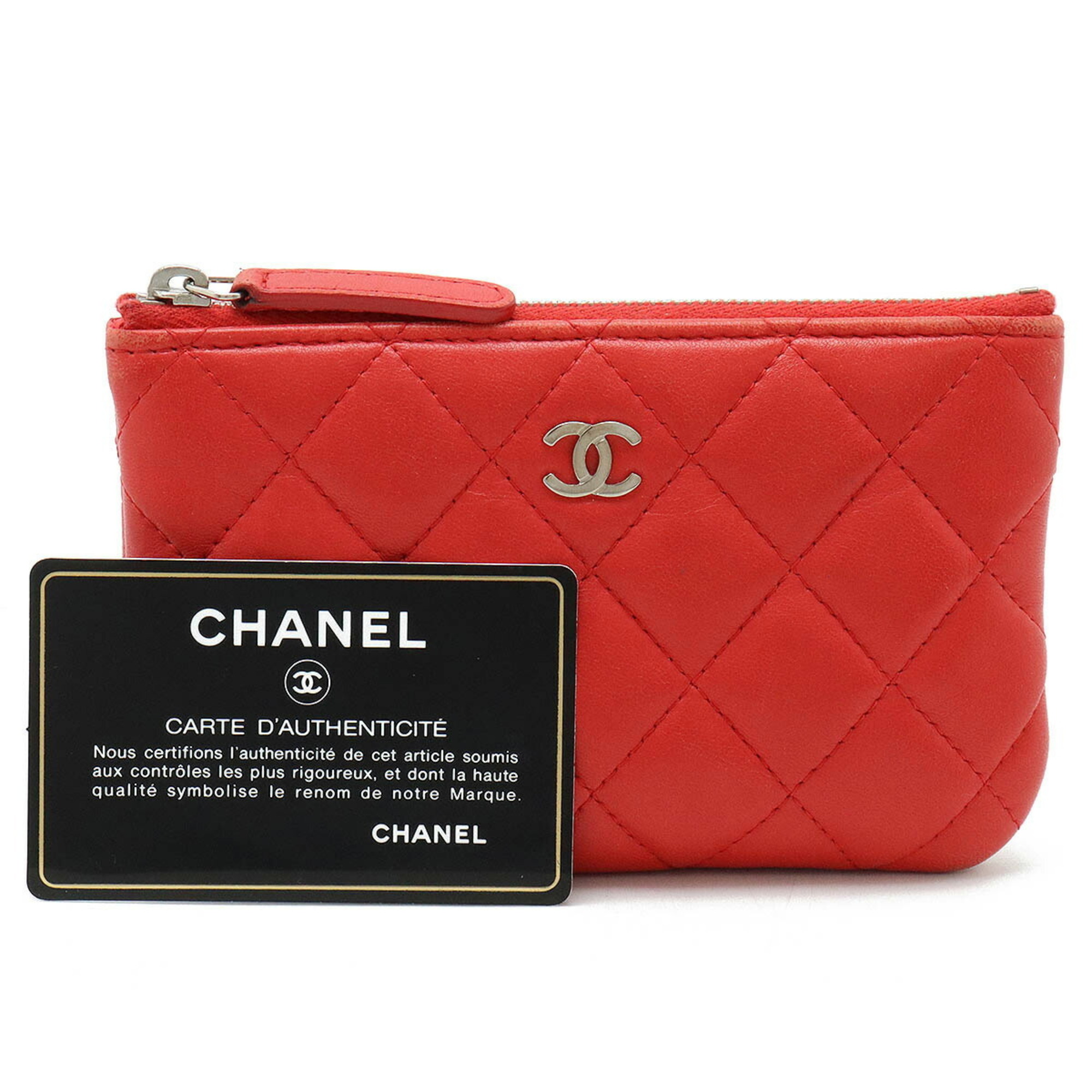 CHANEL Chanel Matelasse Coco Mark Pouch Coin Case Lambskin Leather Red A82365