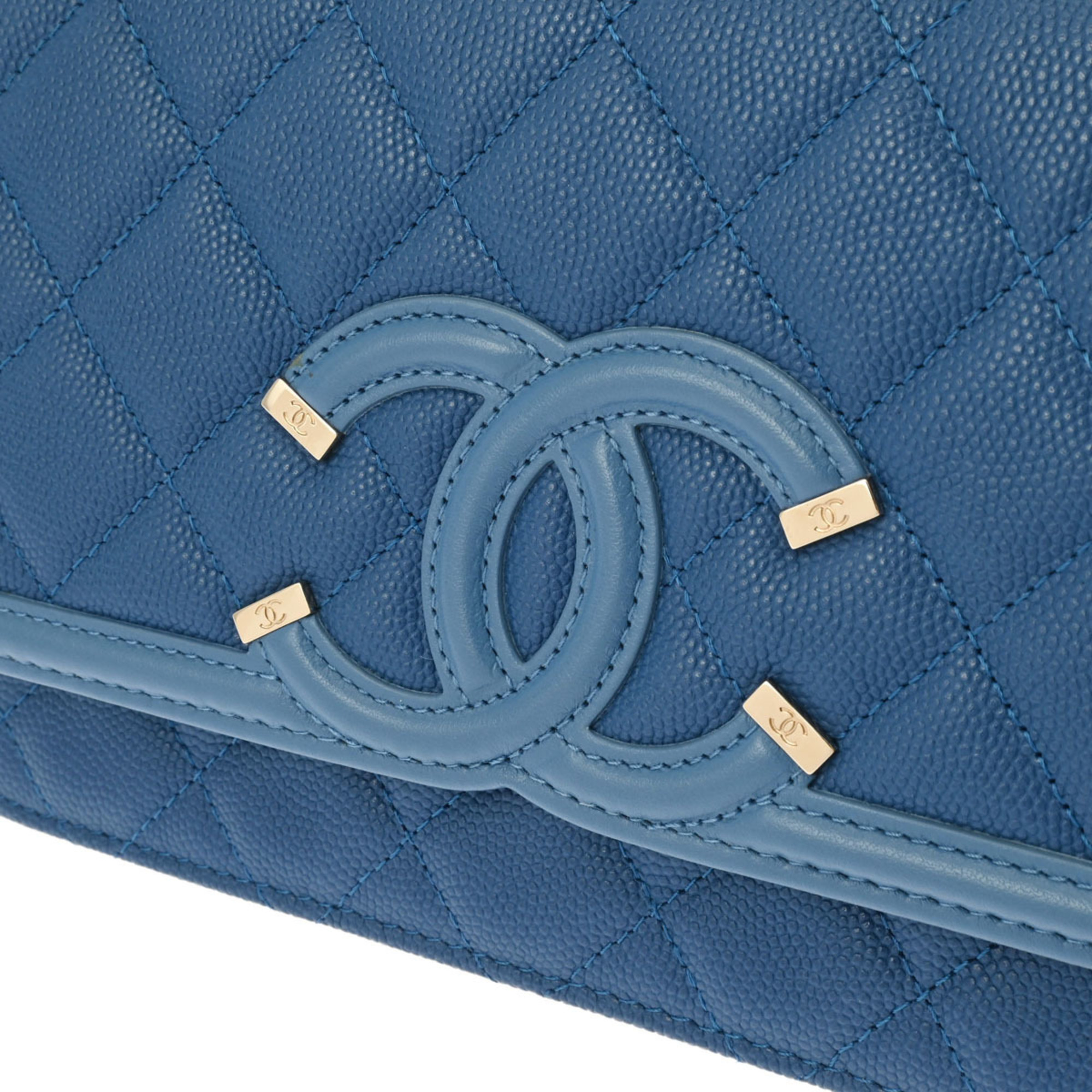 CHANEL CC Figley Chain Shoulder Bag Blue A84451 Women's Caviar Skin