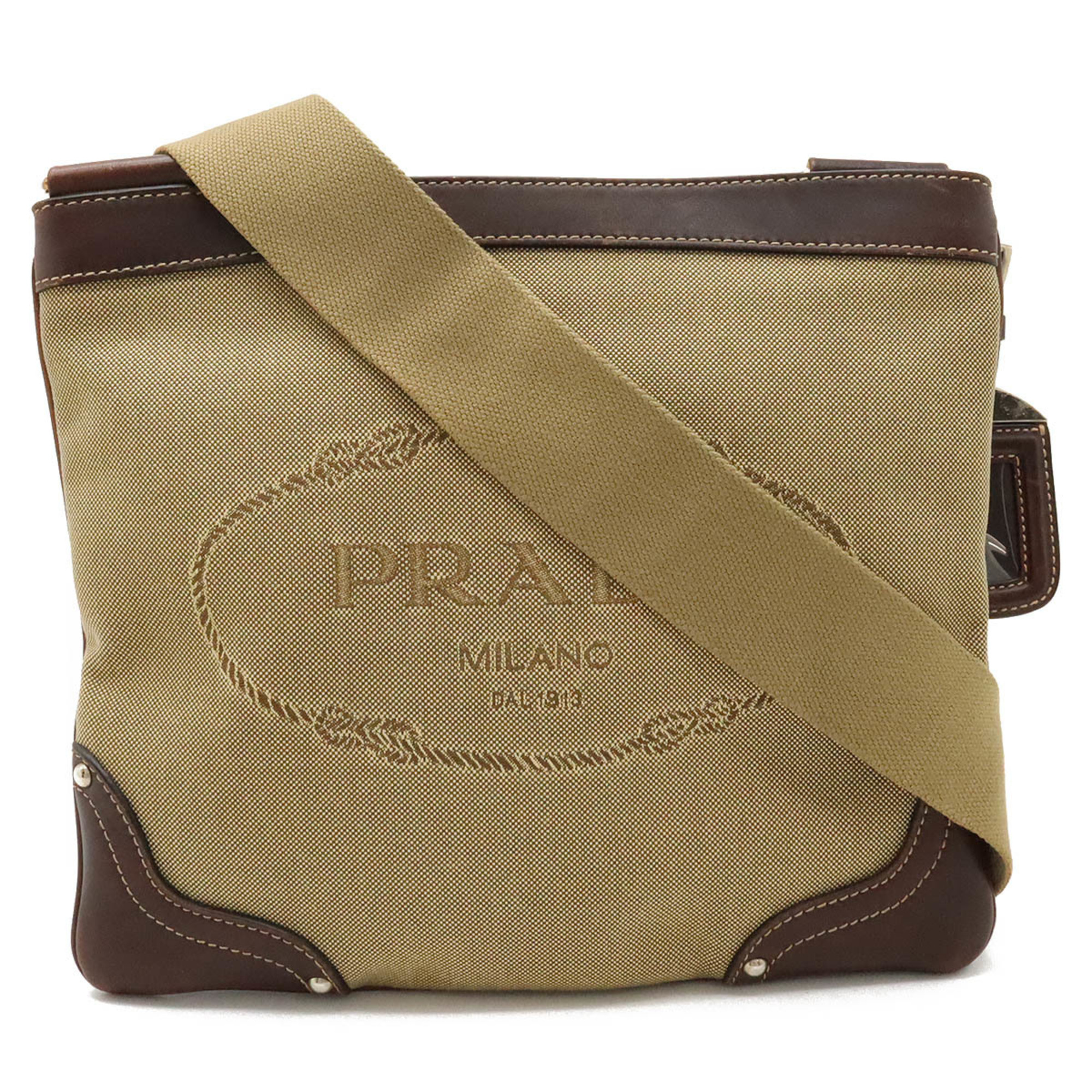 PRADA Prada Jacquard Shoulder Bag Pochette Canvas Leather CORDA Khaki Beige MORO Dark Brown BT0537