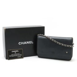 CHANEL Camellia Coco Mark Chain Wallet Shoulder Bag Pochette Leather Black