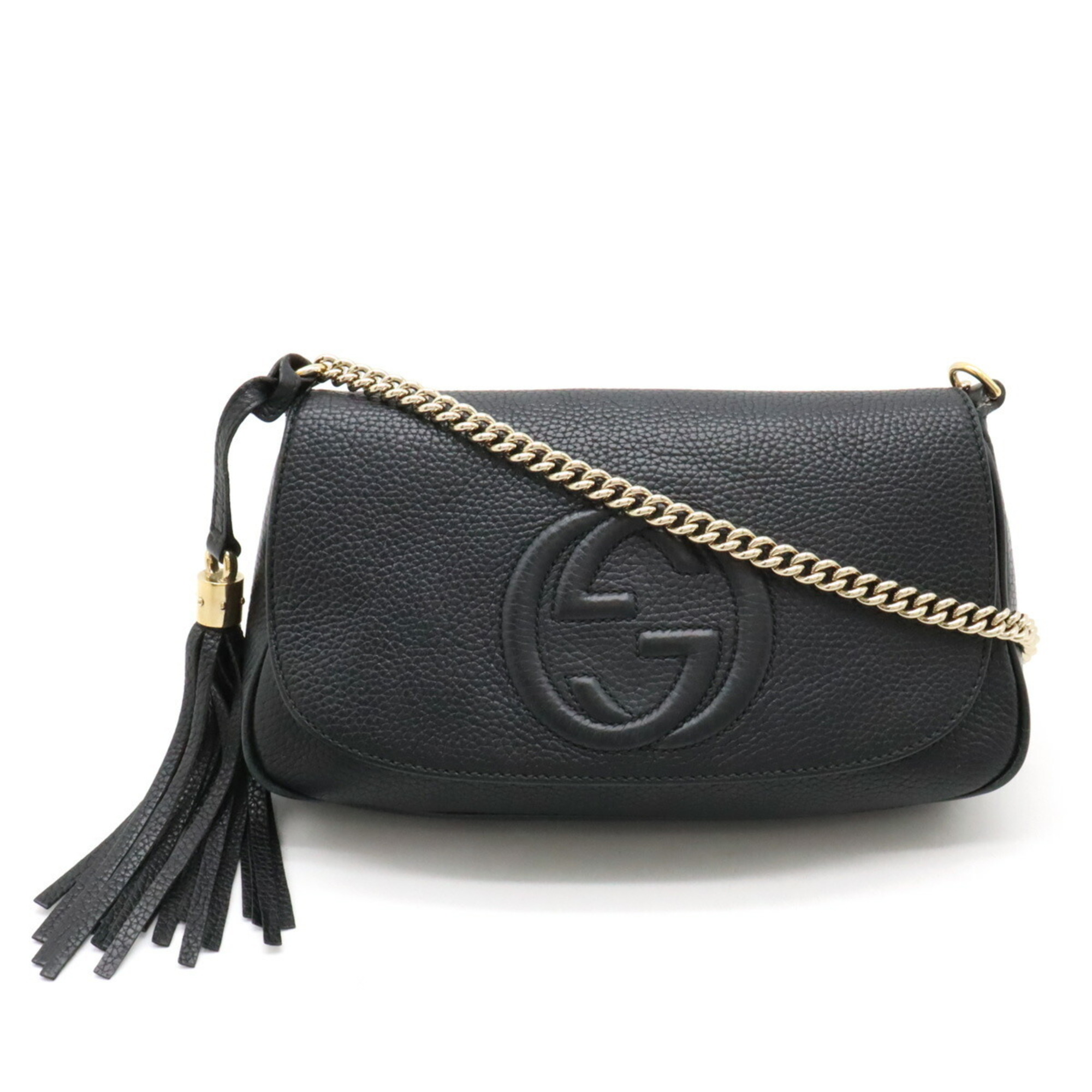 GUCCI Soho Interlocking Shoulder Bag Chain Tassel Charm Leather Black 536224