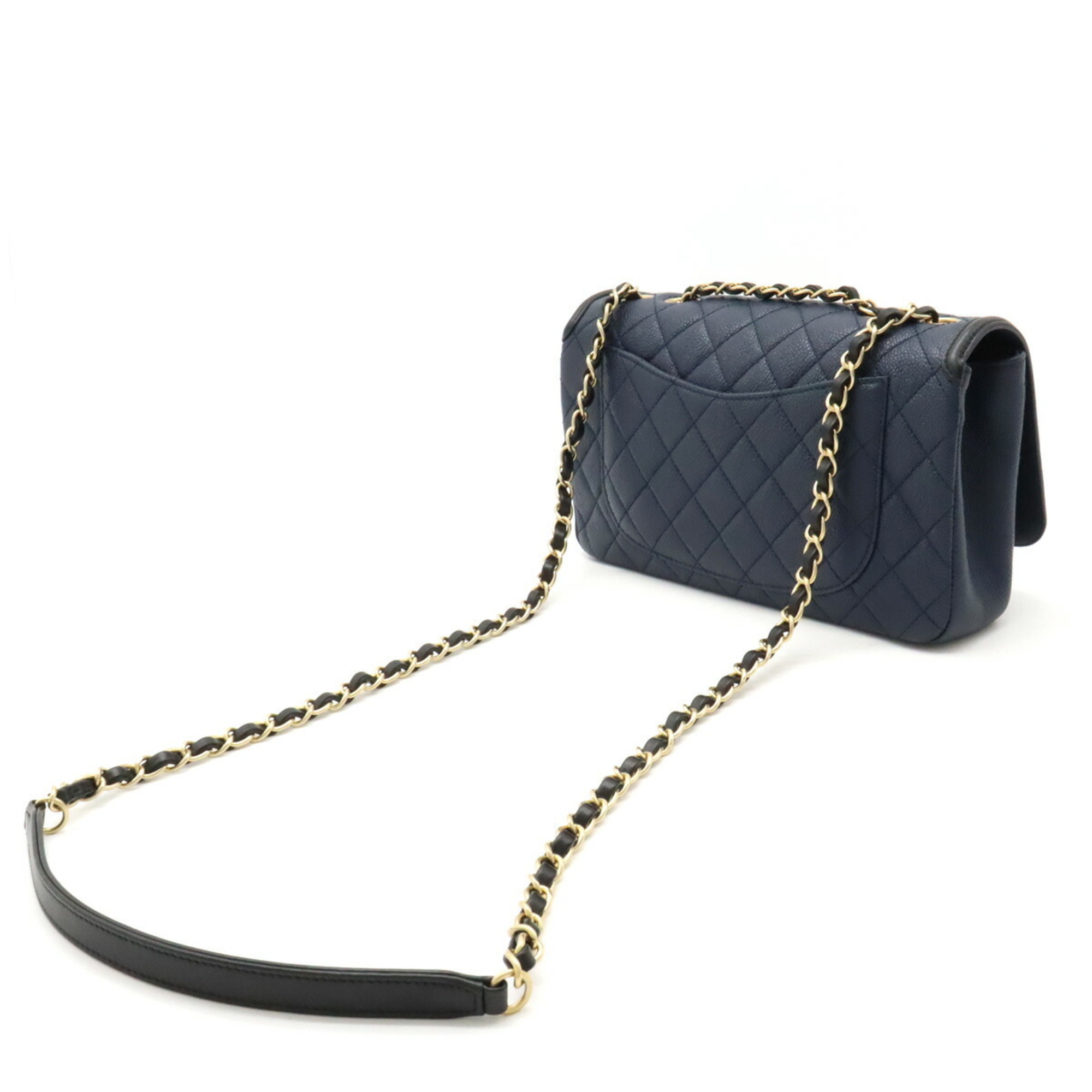 CHANEL CC Filigree Flap Bag Chain Shoulder Caviar Skin Leather Navy A93340