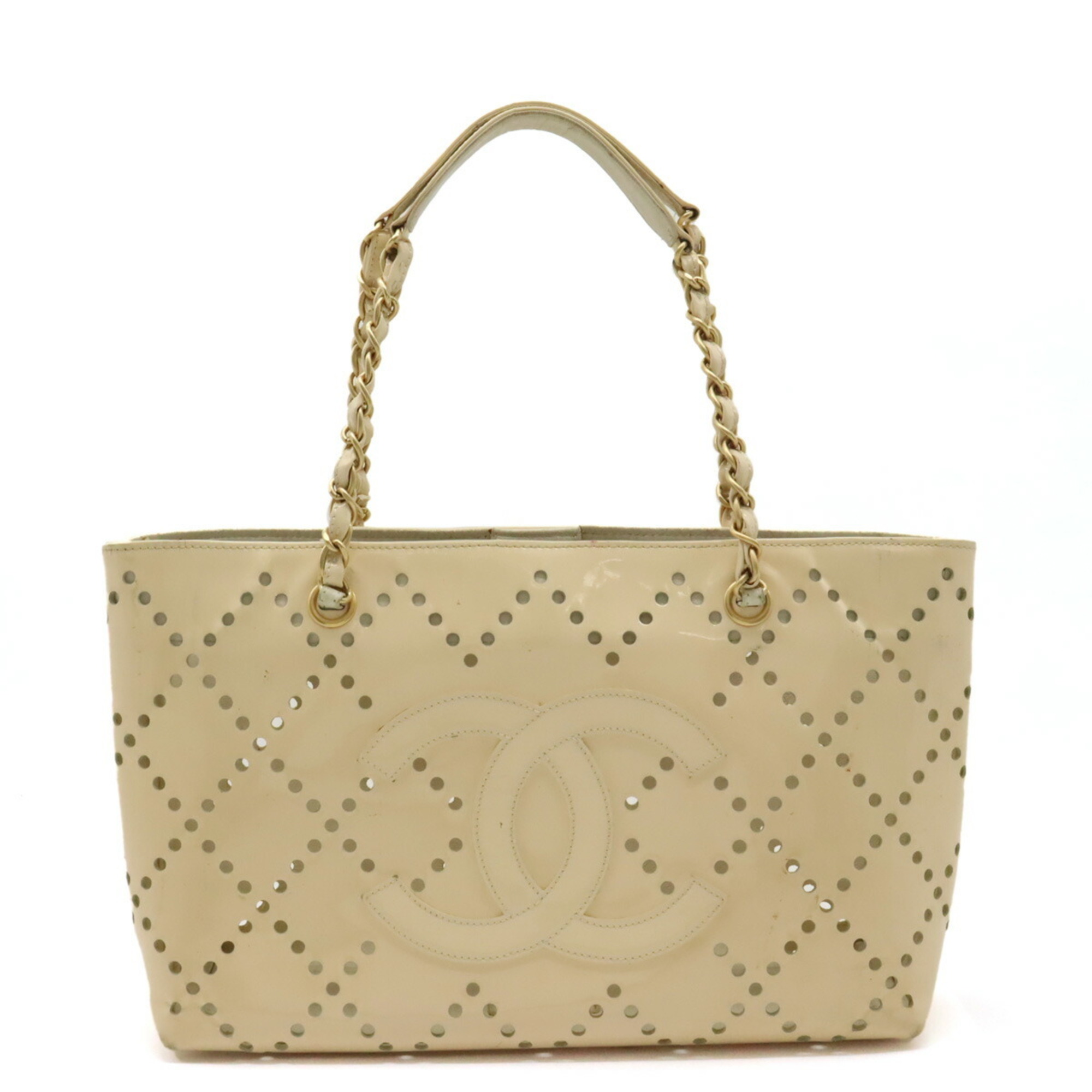 CHANEL Coco Mark Punching Tote Bag Shoulder Chain Patent Leather Beige