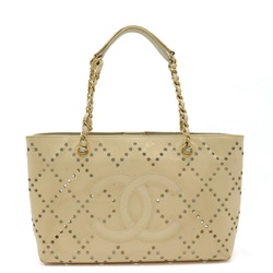 CHANEL Coco Mark Punching Tote Bag Shoulder Chain Patent Leather Beige