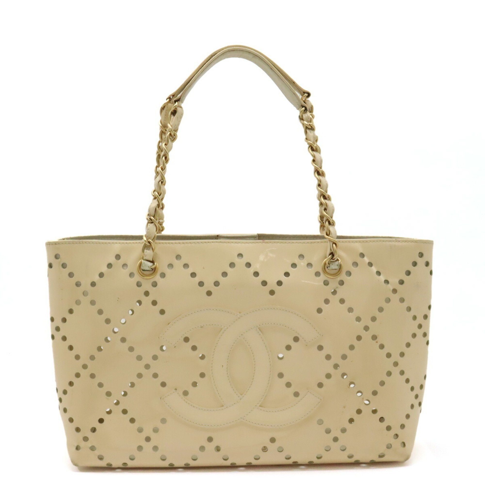 CHANEL Coco Mark Punching Tote Bag Shoulder Chain Patent Leather Beige