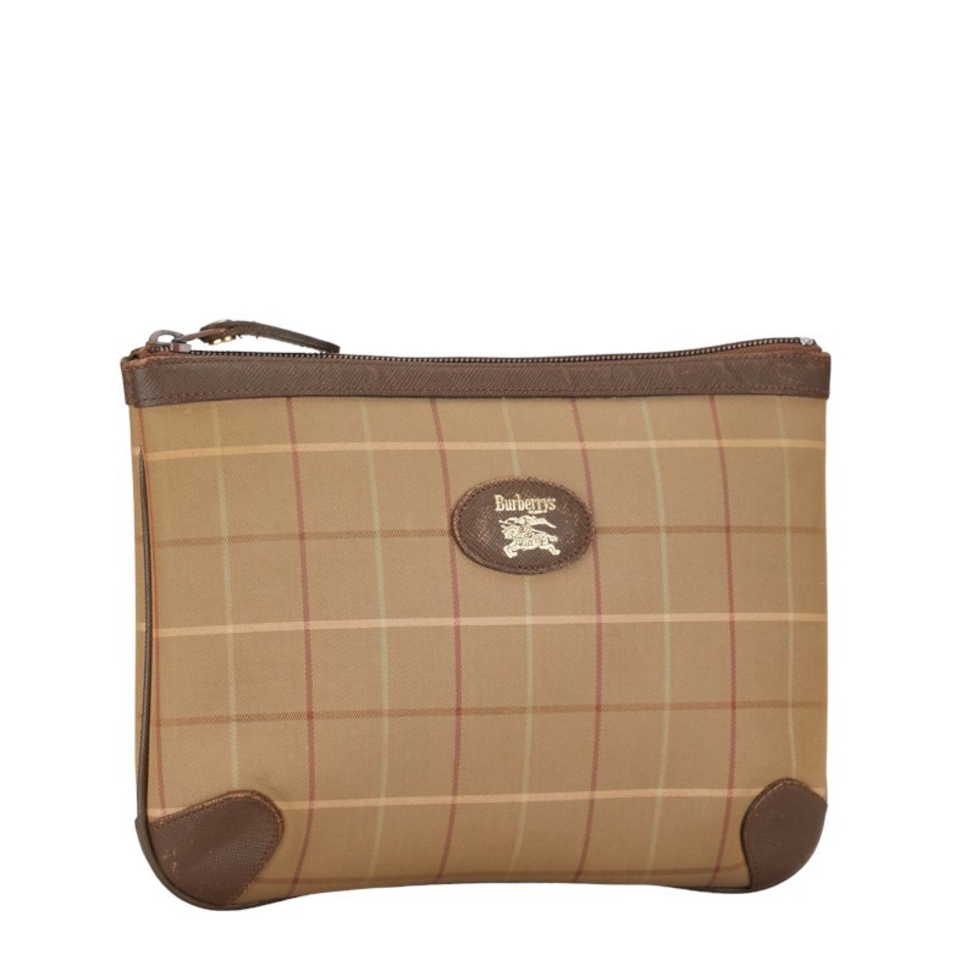 Burberry Check Shadow Horse Pouch Beige Brown Canvas Leather Women's BURBERRY