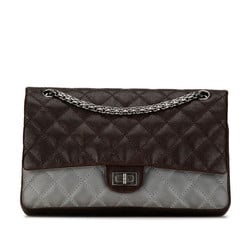 Chanel Coco Mark Quilted Double Flap Bicolor Chain Shoulder Bag Brown Grey Caviar Skin Women's CHANEL