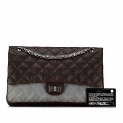 Chanel Coco Mark Quilted Double Flap Bicolor Chain Shoulder Bag Brown Grey Caviar Skin Women's CHANEL