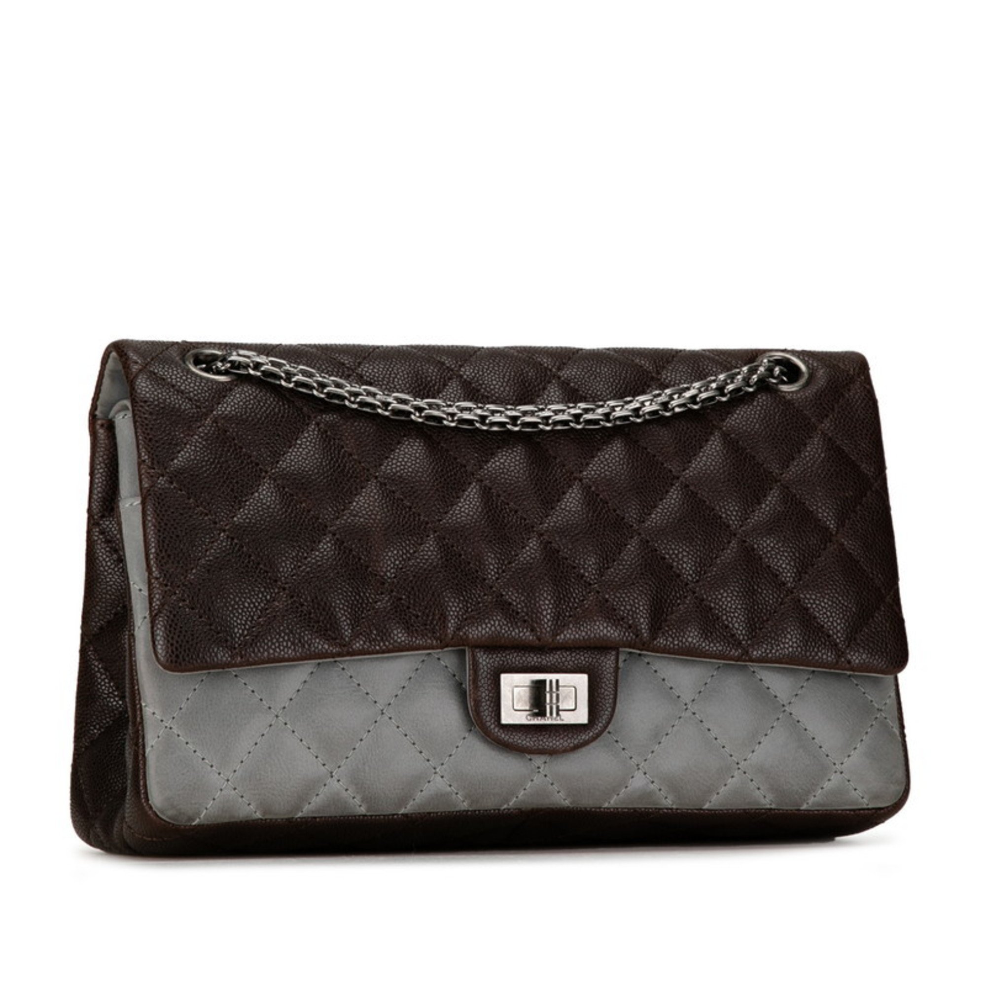 Chanel Coco Mark Quilted Double Flap Bicolor Chain Shoulder Bag Brown Grey Caviar Skin Women's CHANEL