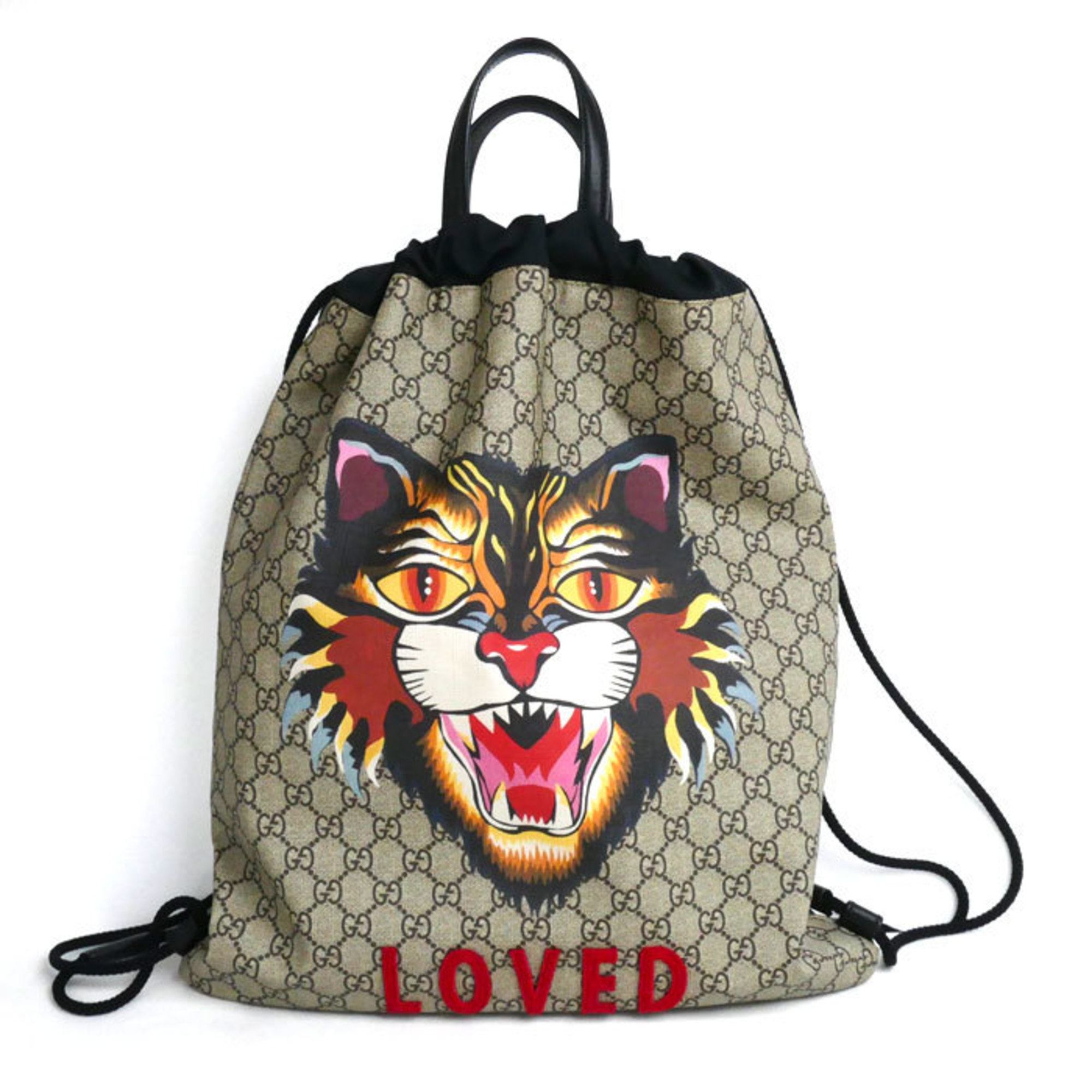 GUCCI Angry Cat Drawstring Backpack, Beige, Daypack, 473872, Unisex