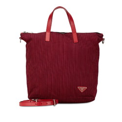 Prada Triangle Plate Stripe Handbag Shoulder Bag Red Black Cotton Leather Women's PRADA